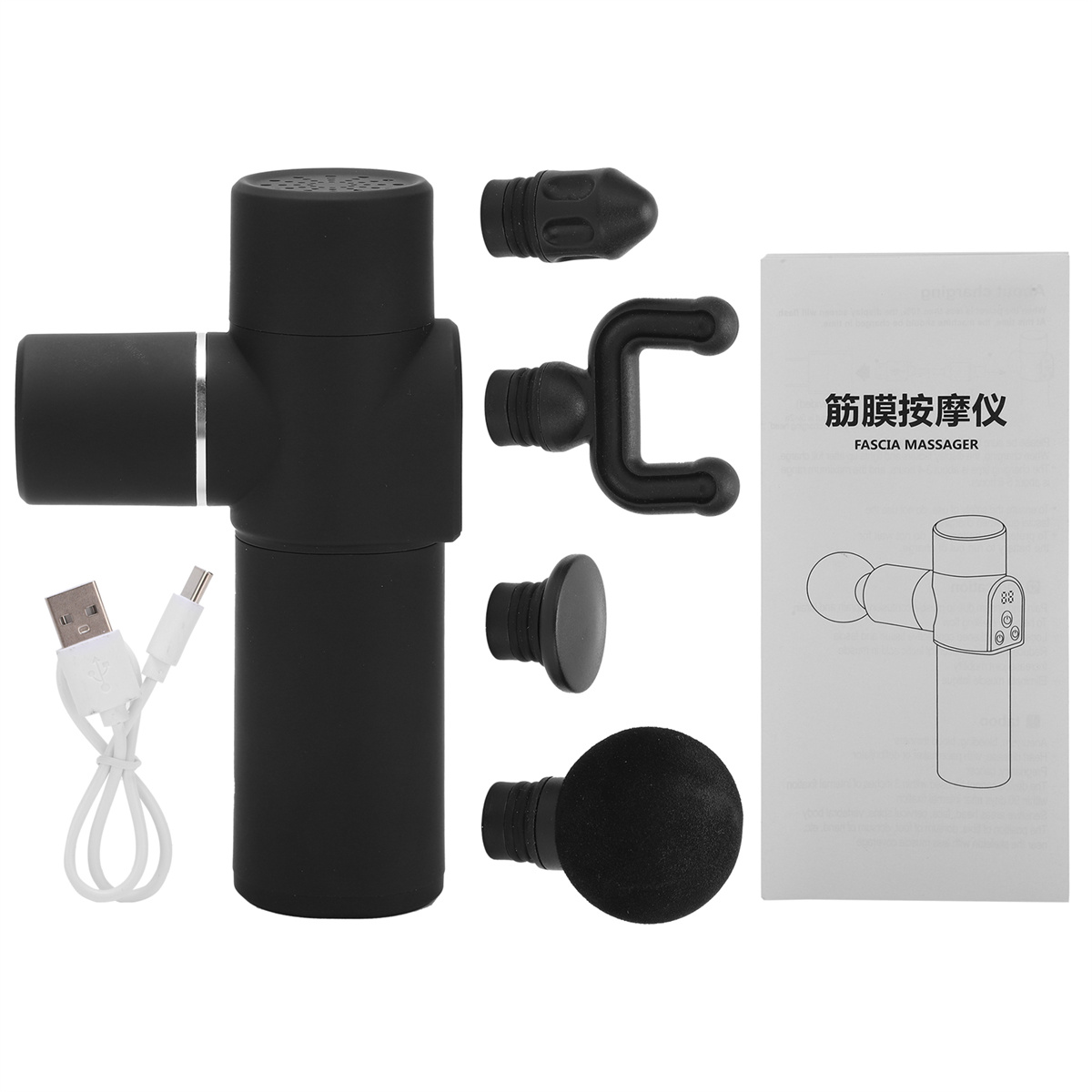 Schwarzes Faszienmassagegerät mit Aufsätzen, USB-Kabel und Bedienungsanleitung mit chinesischem Text.