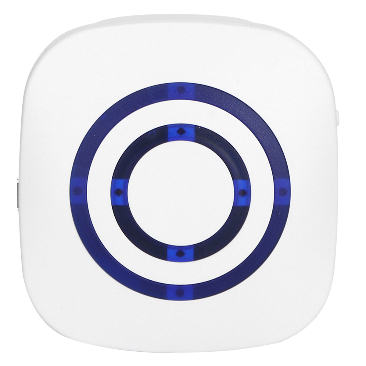 Ein weißes Smart-Home-Gerät mit blauem kreisförmigen Design auf der Oberseite.