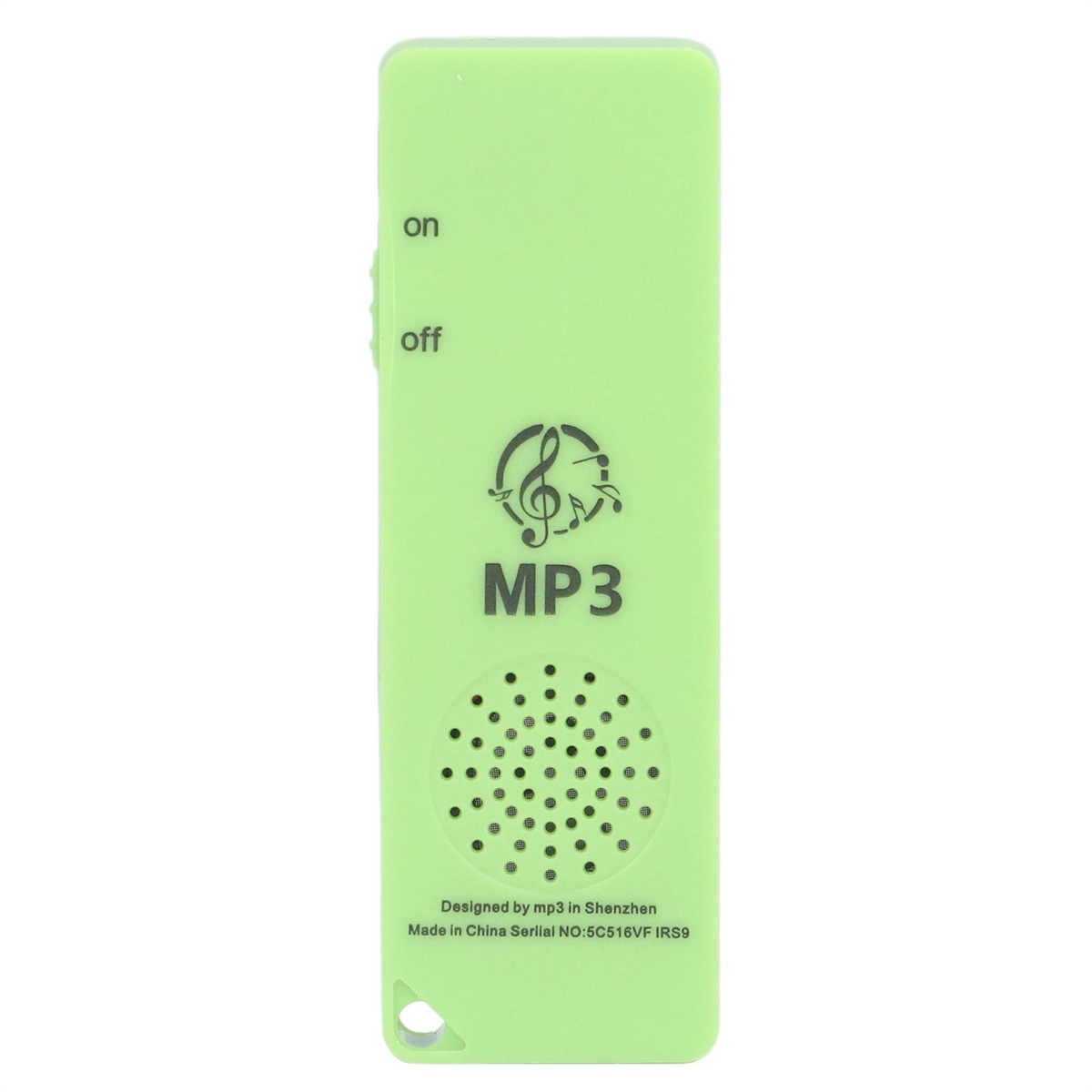 Grüner MP3-Player mit Ein-/Ausschalter, Lautsprecher und Text "MP3". Unten steht "Designed by mp3 in Shenzhen".
