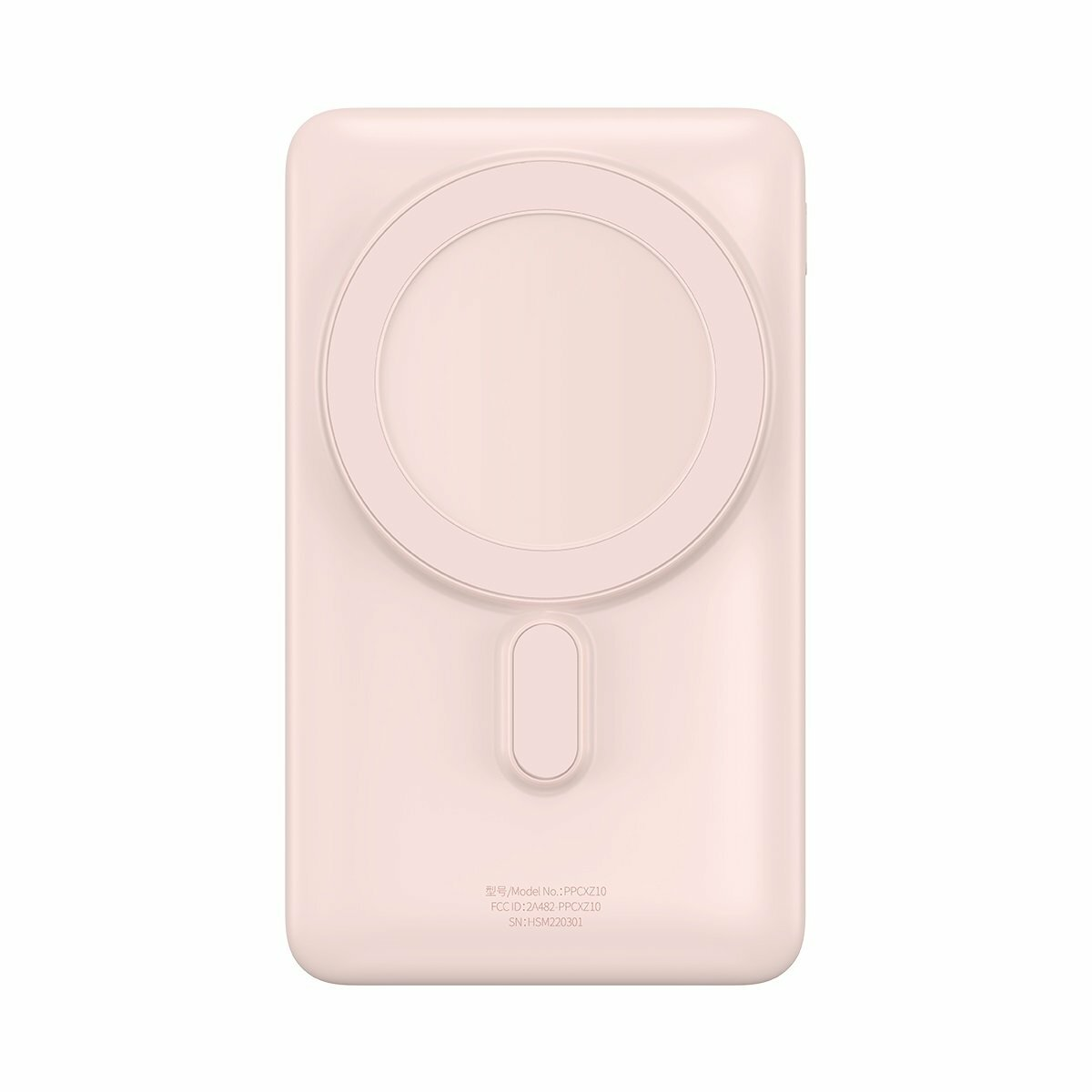 Ein rosa MagSafe-Ladegerät für ein Telefon. Es ist rechteckig mit einem kreisförmigen Ladebereich und einem kleinen Anschluss.
