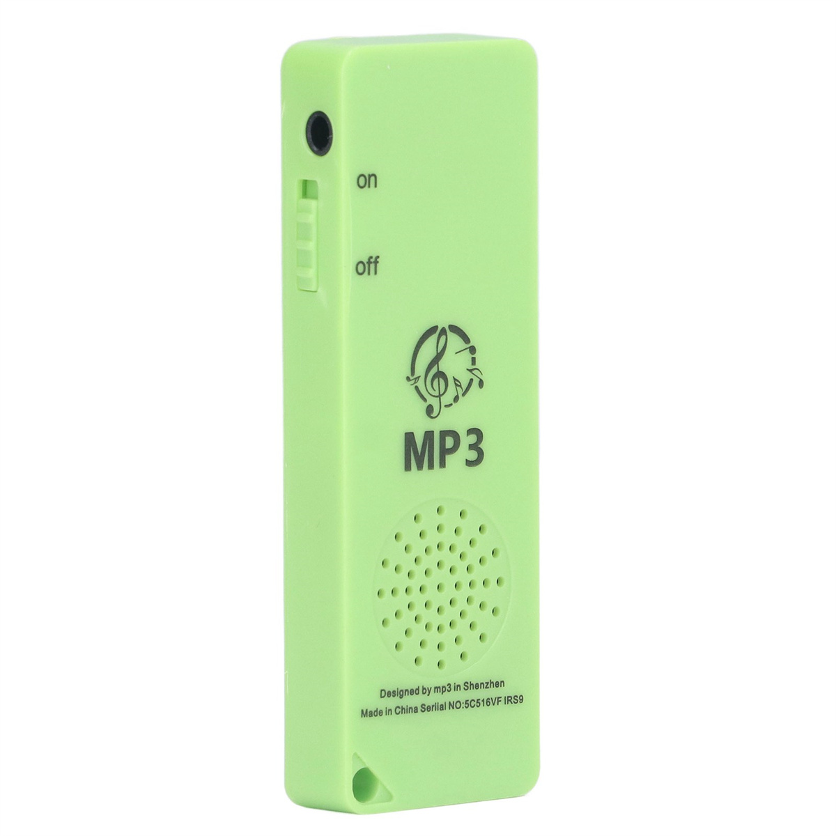 Ein grüner MP3-Player mit Netzschalter und Lautsprecherloch.