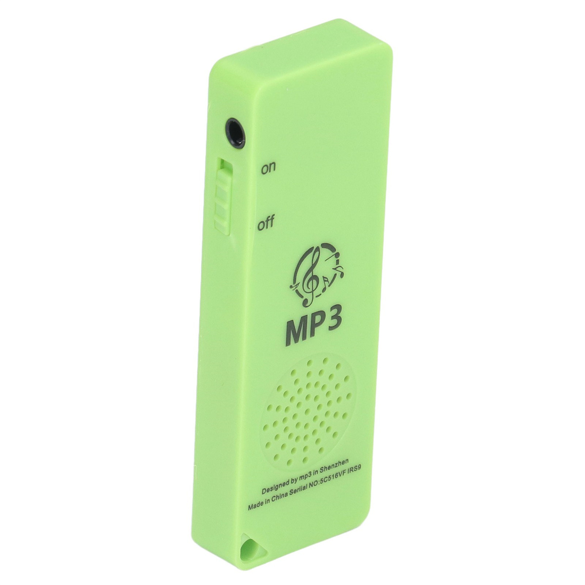 Ein kleiner, grüner MP3-Player mit Kopfhöreranschluss und Bedientasten. Hintergrund weiß.