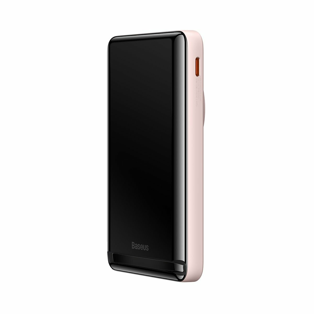Eine schwarze und rosa Powerbank. Sie ist rechteckig und hat einen schwarzen Bildschirm.