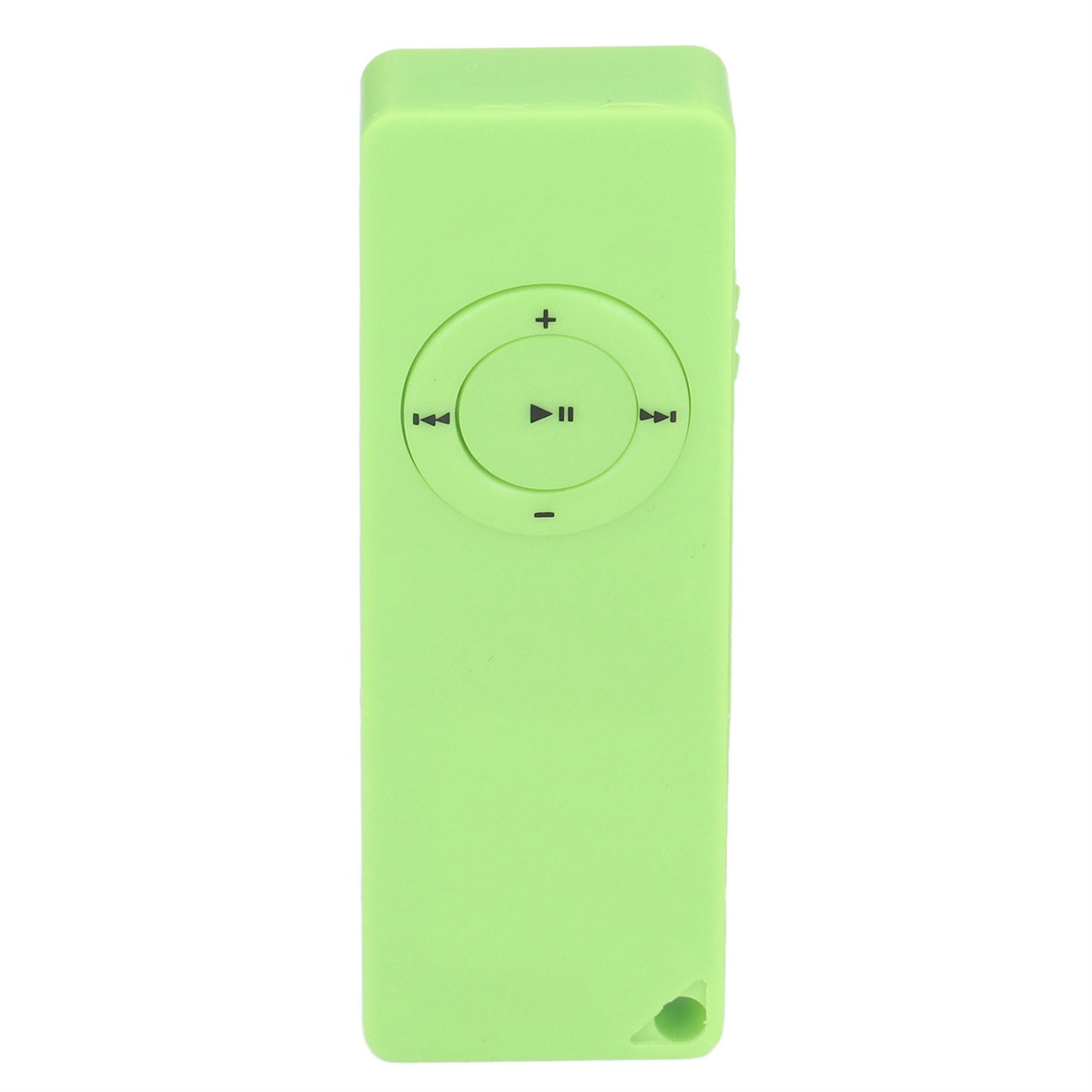 Ein grüner MP3-Player mit Steuertasten. Wiedergabe/Pause, Vorwärts, Rücklauf und Lautstärkeregler.