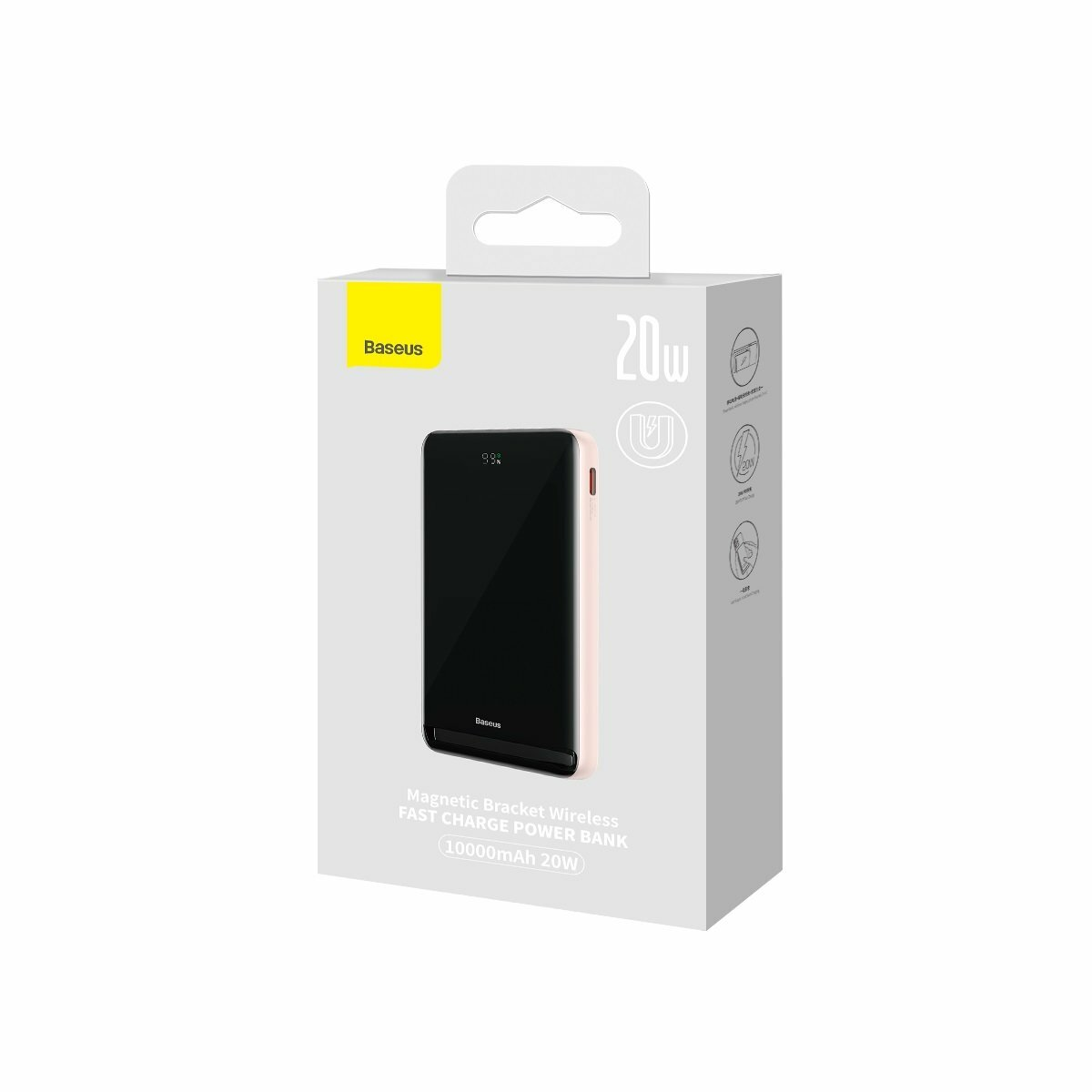 Eine weiße Box für eine Powerbank mit einem Telefon darin. Sie lädt drahtlos und ist 20W, 10000mAh.