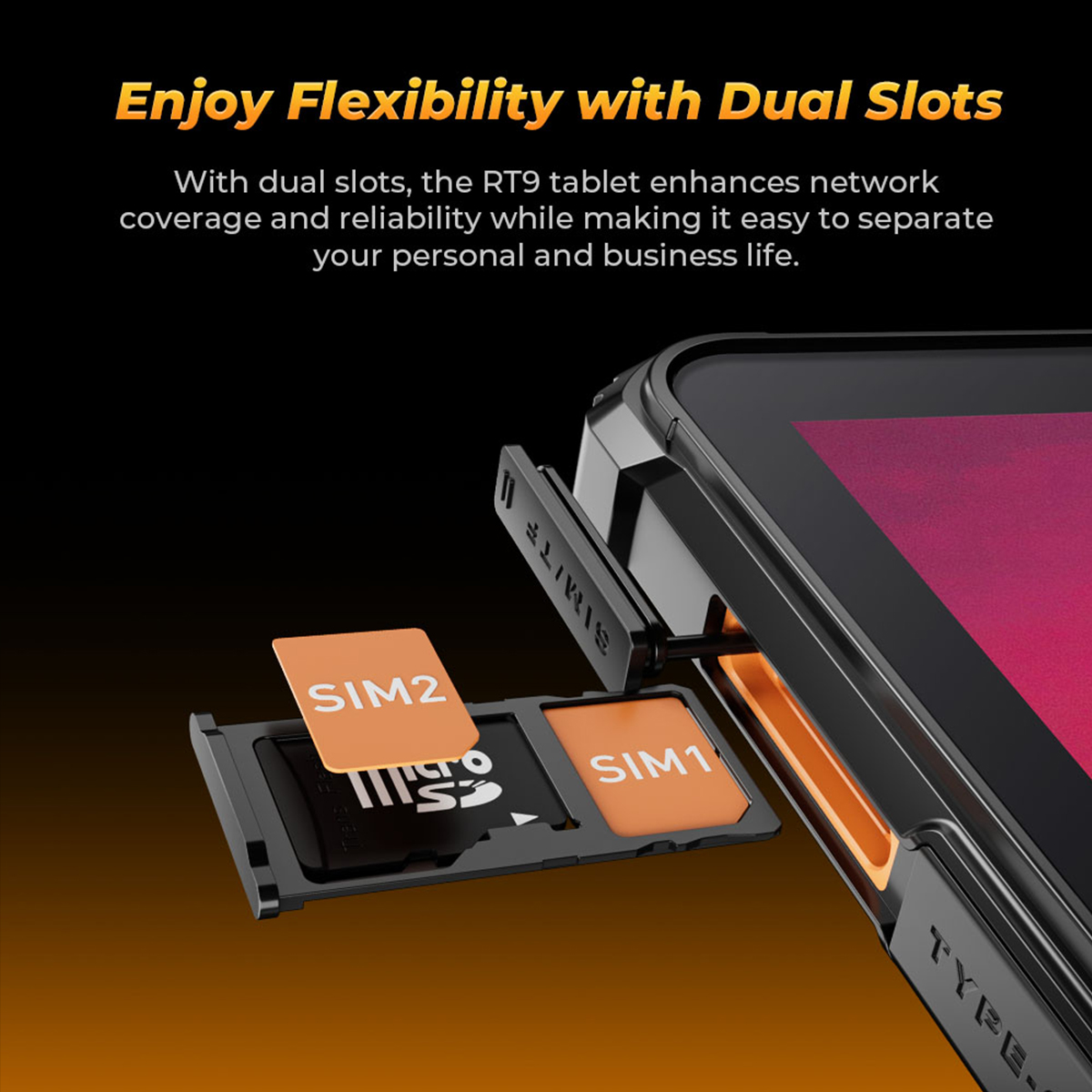 Un primo piano degli slot per schede SIM di un tablet. Due schede SIM inserite, etichettate SIM1 e SIM2.