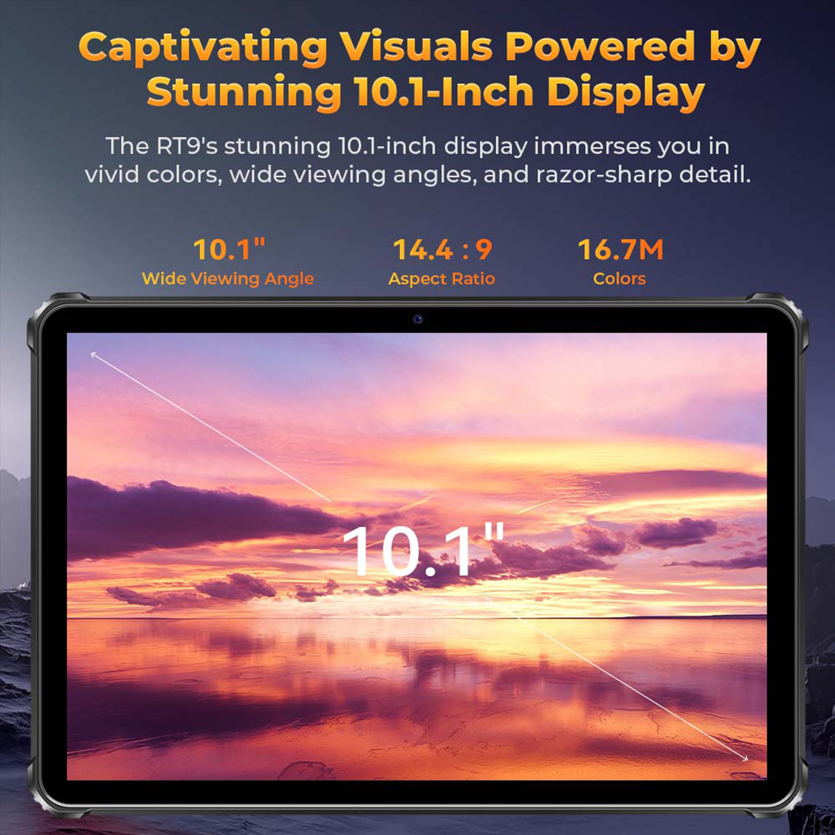 Un tablet che mostra una scena del tramonto. Testo: Immagini accattivanti alimentate da uno straordinario display da 10,1 pollici.