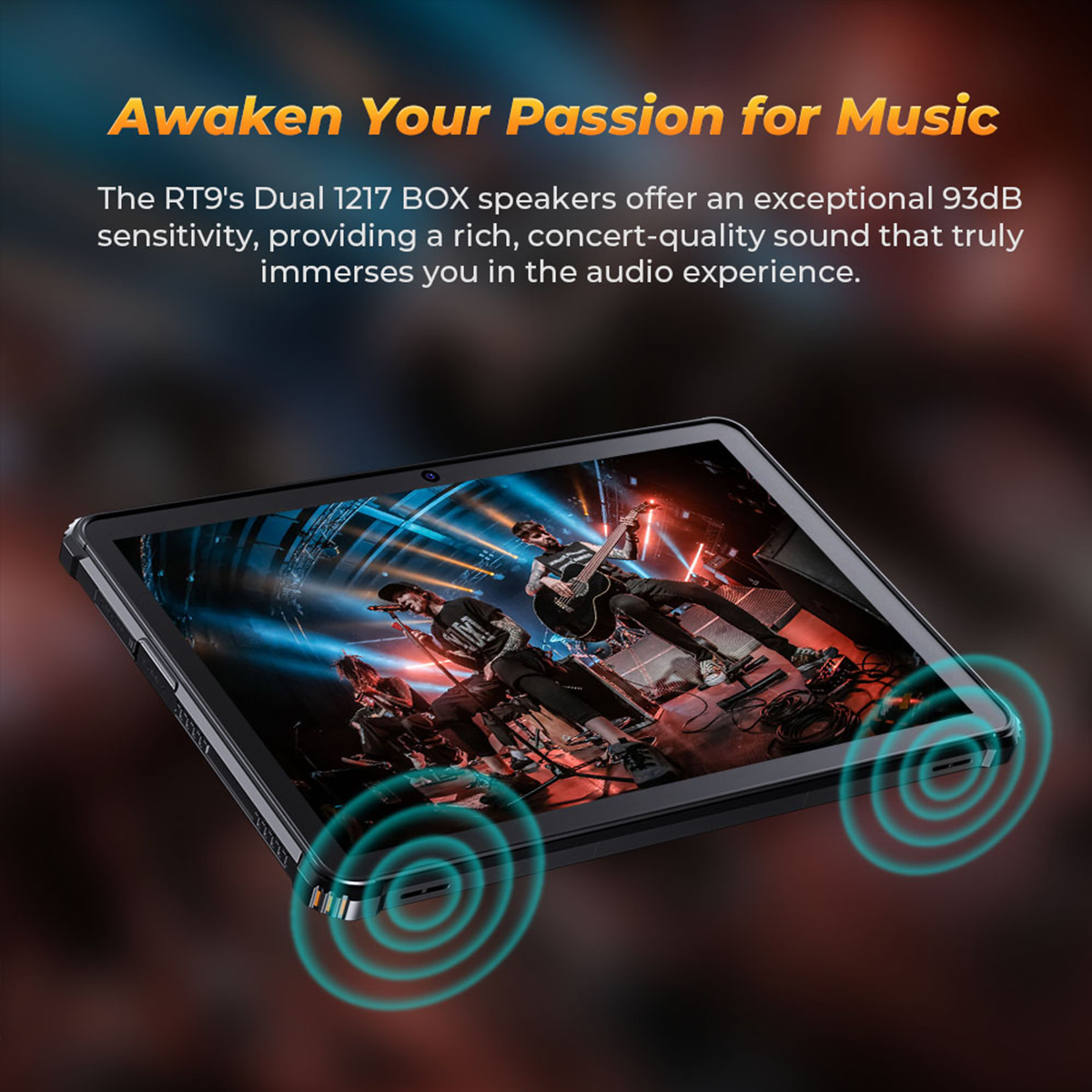 Un tablet mostra una band dal vivo che suona. Grafici di onde sonore emanano dal dispositivo.