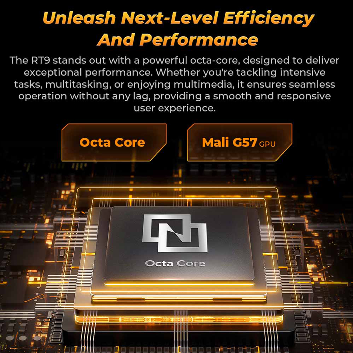Grafica con etichette "Octa Core" e "Mali G57 GPU" su grafica di circuito stampato.