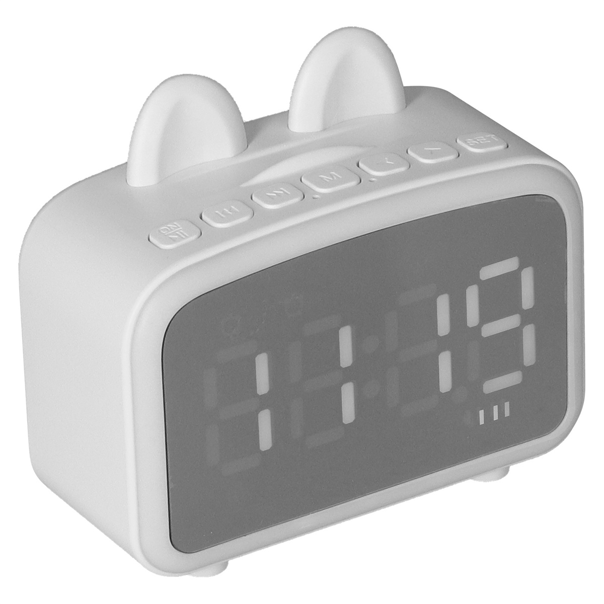 Ein weißer Wecker in Katzenform mit Digitalanzeige, die 11:19 anzeigt.