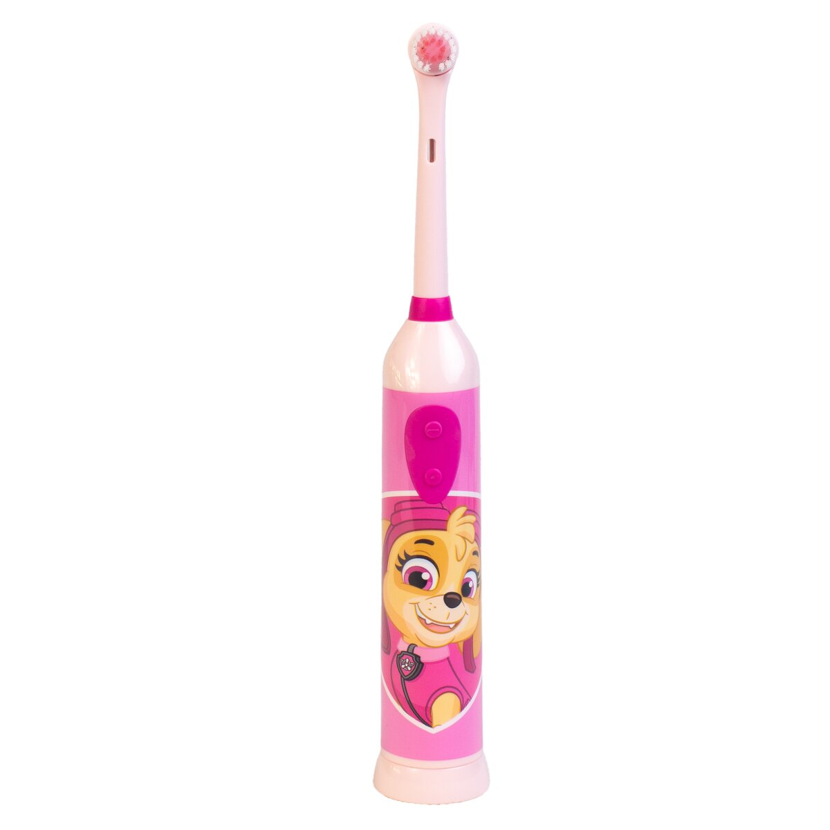 Elektrische Zahnbürste in Pink und Weiß mit einer Cartoonfigur darauf. Weißer Hintergrund.