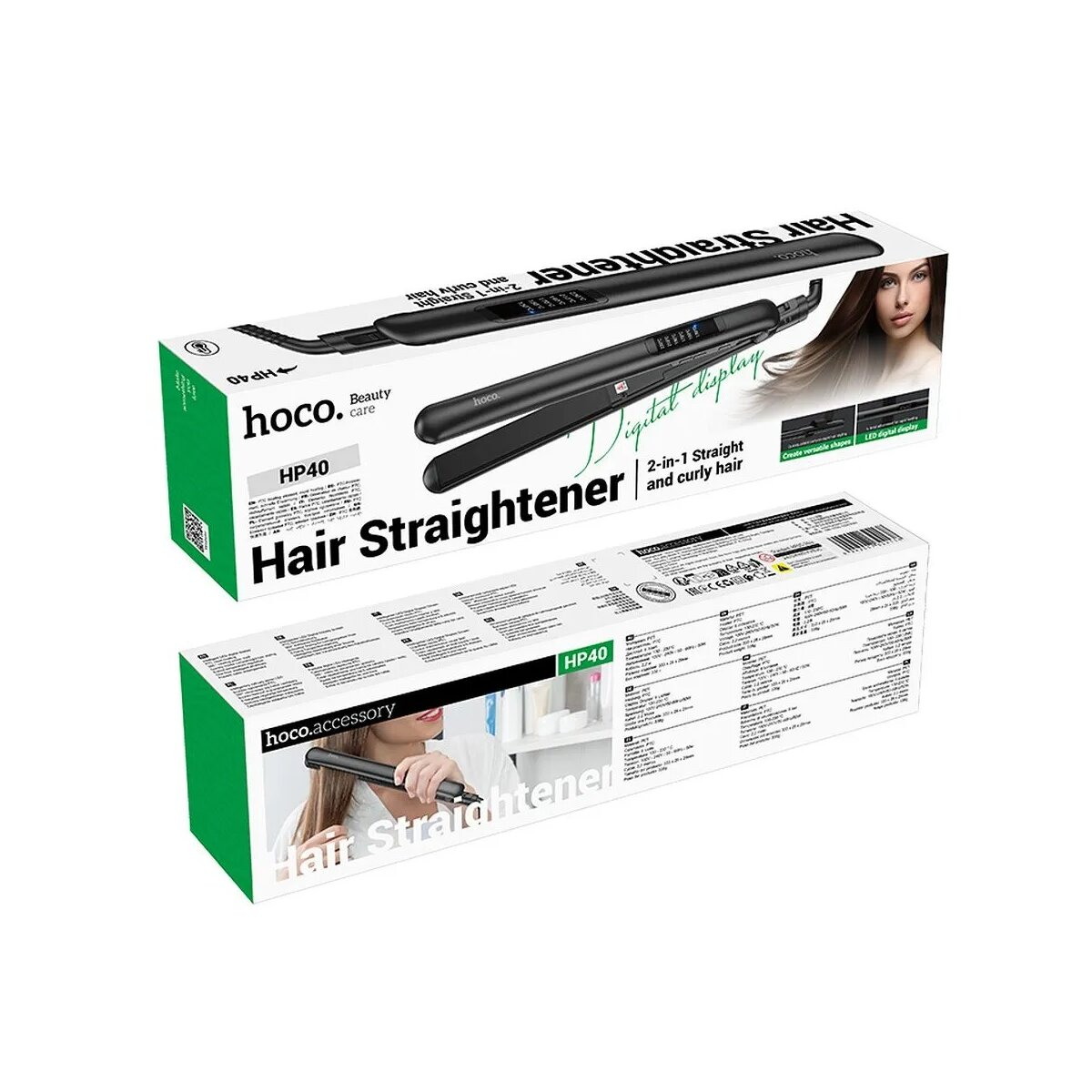 Zwei Kartons mit Haarglättern, mit Produktbildern und Details, weißer Hintergrund.
