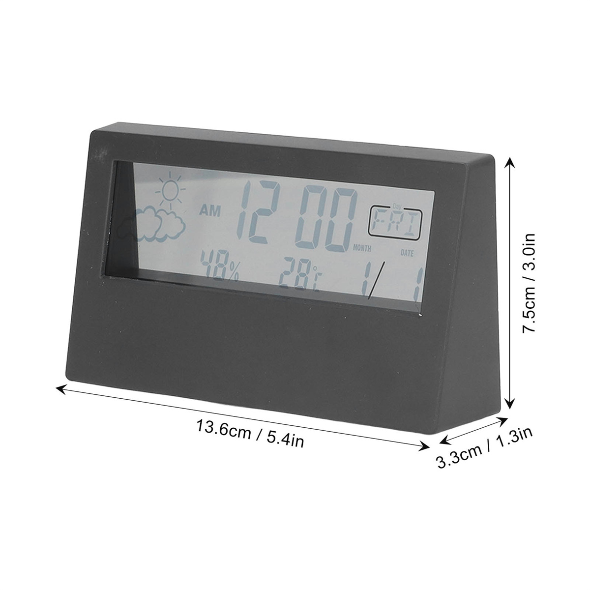 Eine schwarze Digitaluhr, die Zeit, Wetter und Temperatur anzeigt, mit Abmessungen.