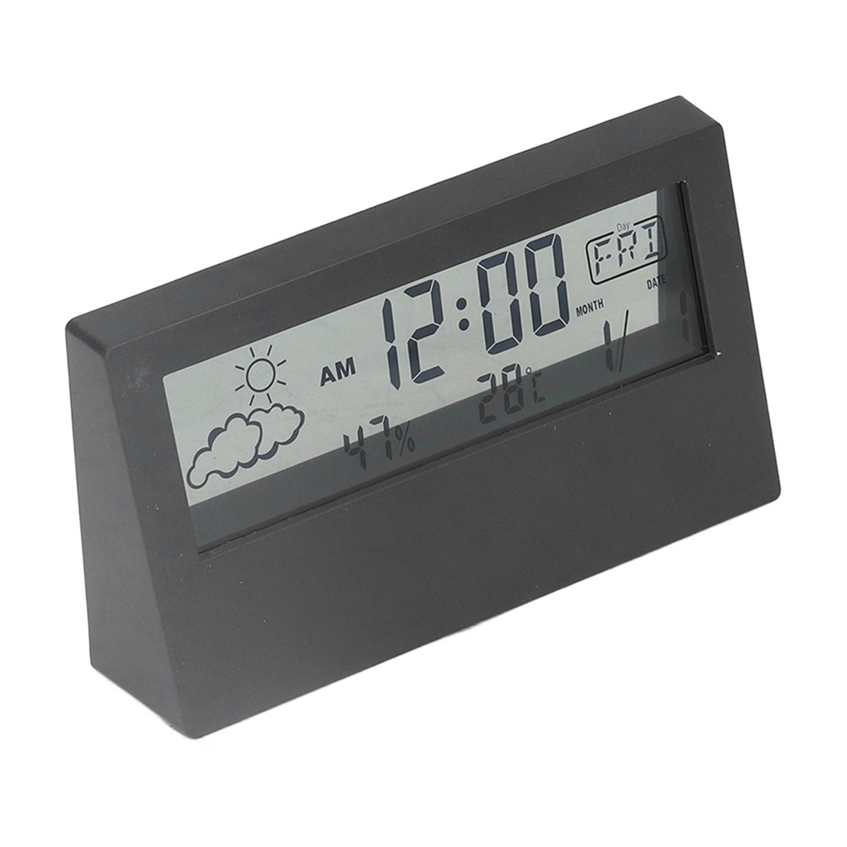 Schwarze Digitaluhr zeigt 12:00, Wettersymbole, Temperatur und Datum an. Sie liegt auf einer weißen Oberfläche.