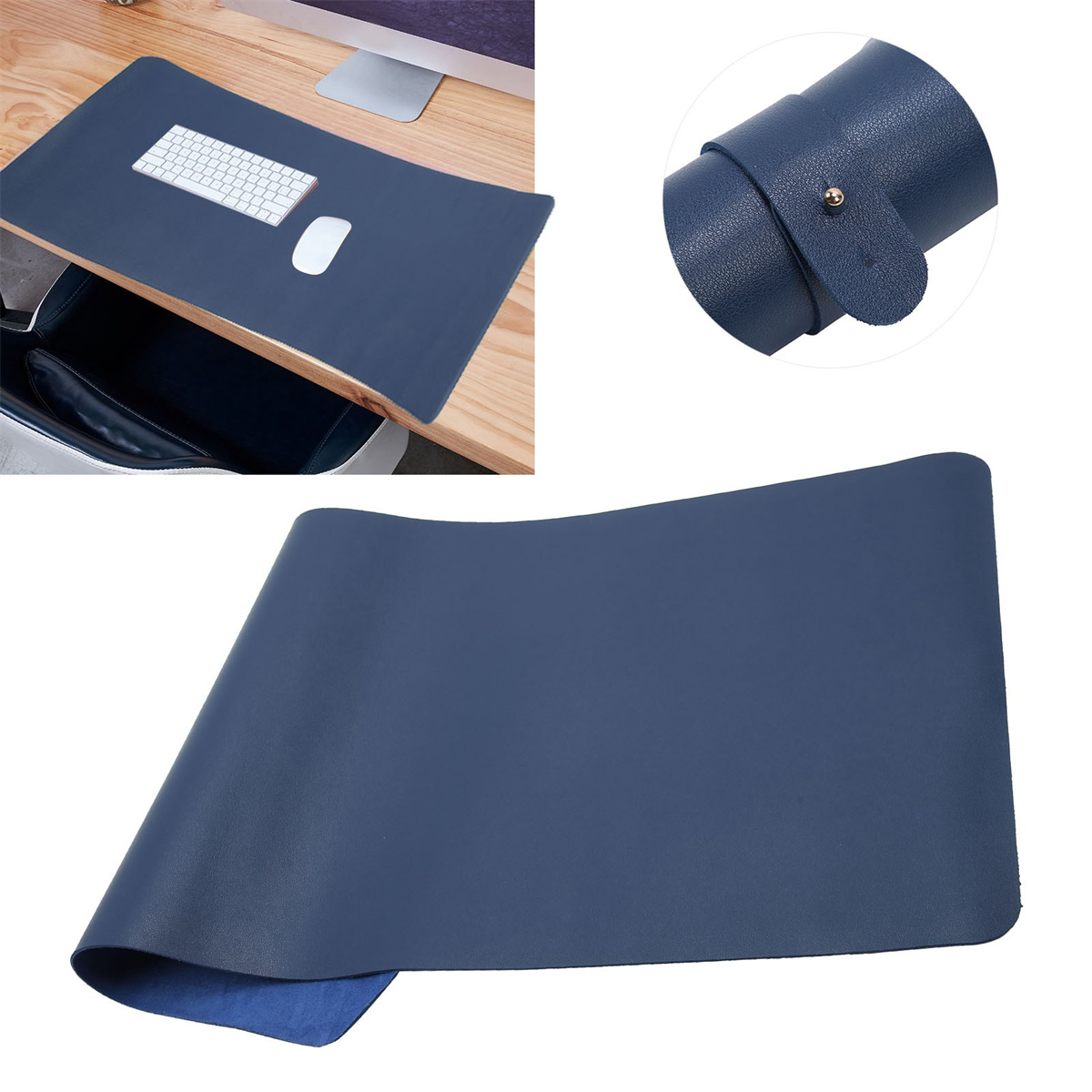 Eine blaue Schreibtischunterlage mit weißer Tastatur und Maus. Eine aufgerollte Matte wird auch gezeigt.