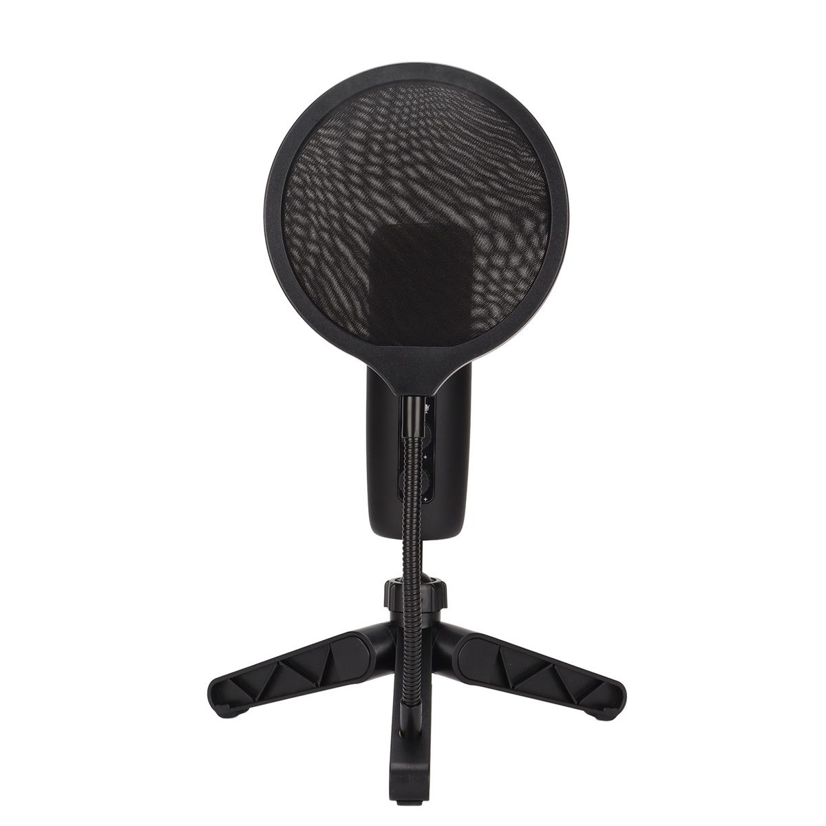 Schwarzes Mikrofon mit Pop-Filter und kleinem Stativ. Der Pop-Filter ist kreisförmig.