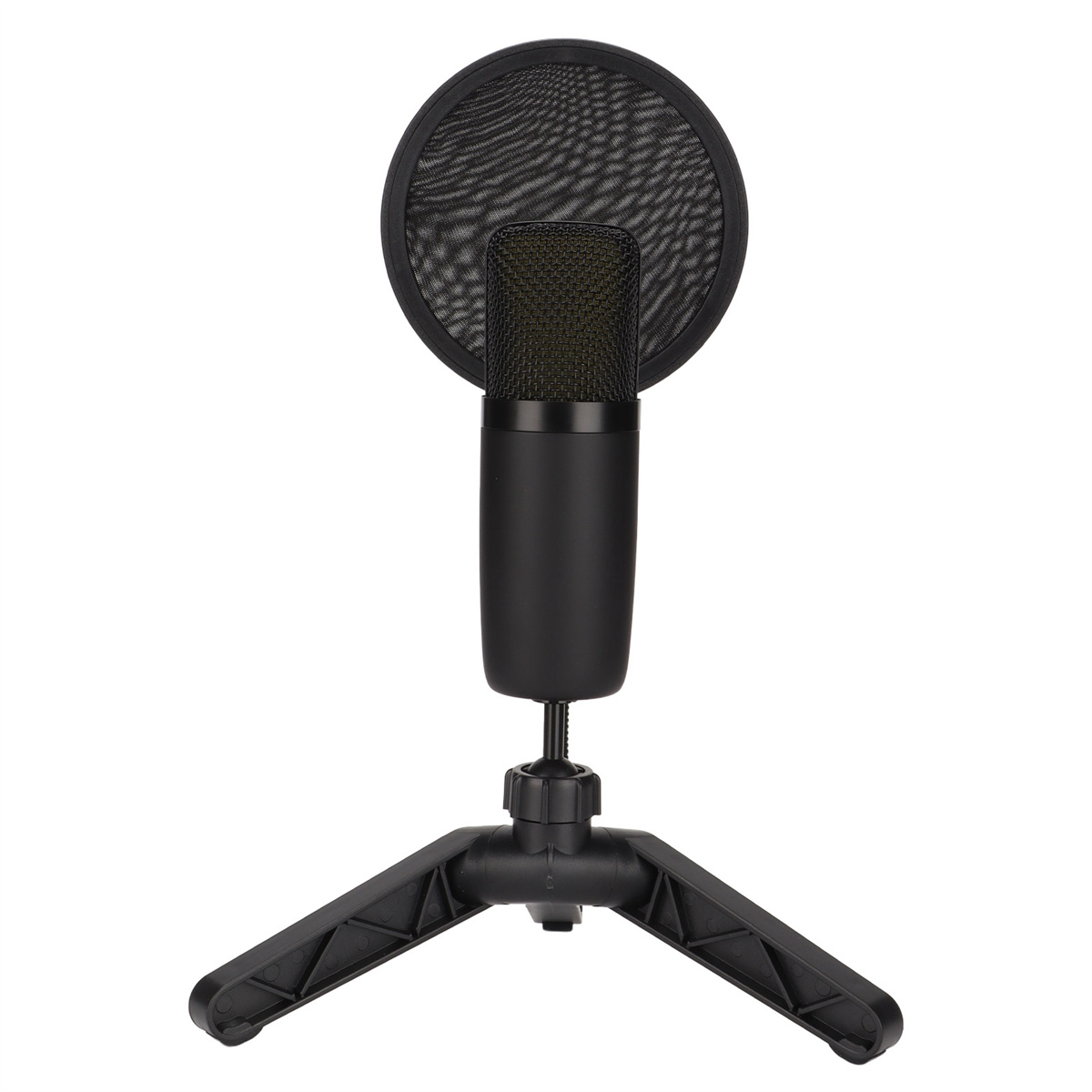 Ein schwarzes Mikrofon mit Pop-Filter auf einem kleinen schwarzen Stativ.