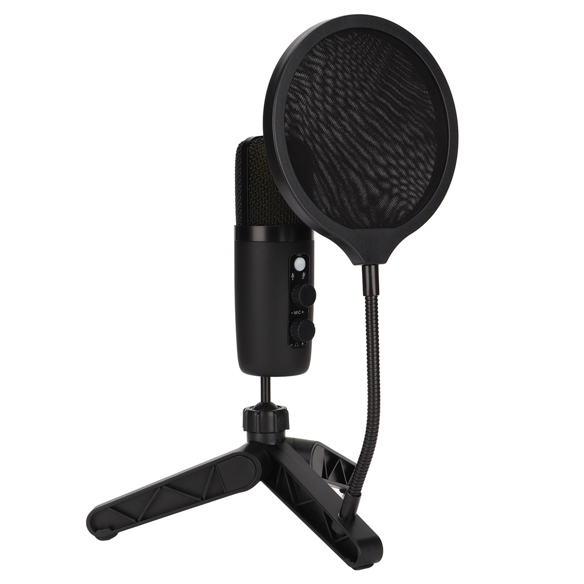 Schwarzes Mikrofon, Pop-Filter und Stativ auf weißem Hintergrund.