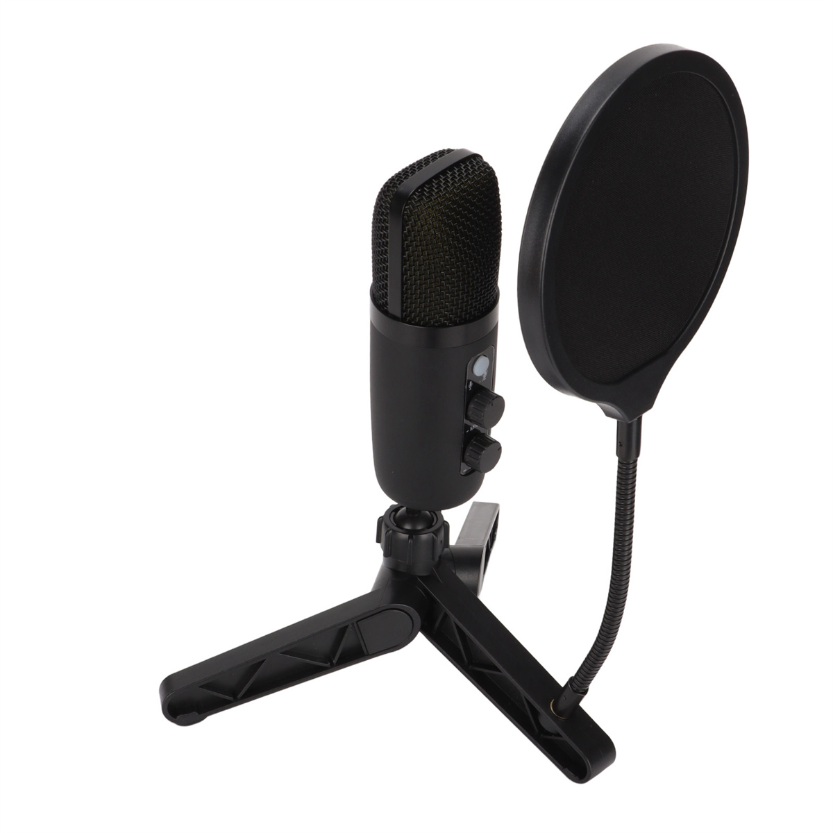 Ein schwarzes Mikrofon auf einem Ständer mit einem Pop-Filter.