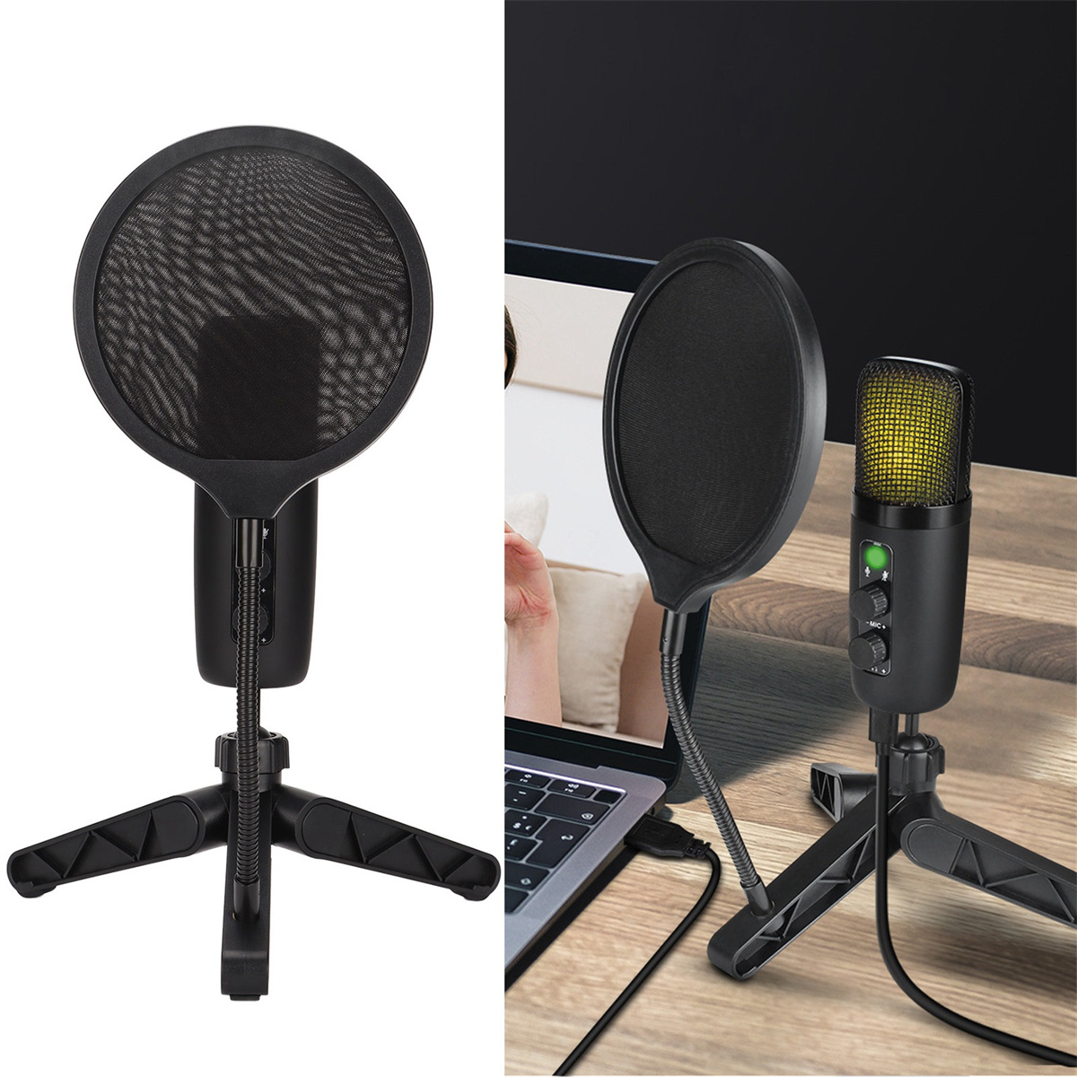 Zwei Ansichten eines Mikrofons mit Pop-Filter. Eines steht auf einem Ständer, das andere wird benutzt.