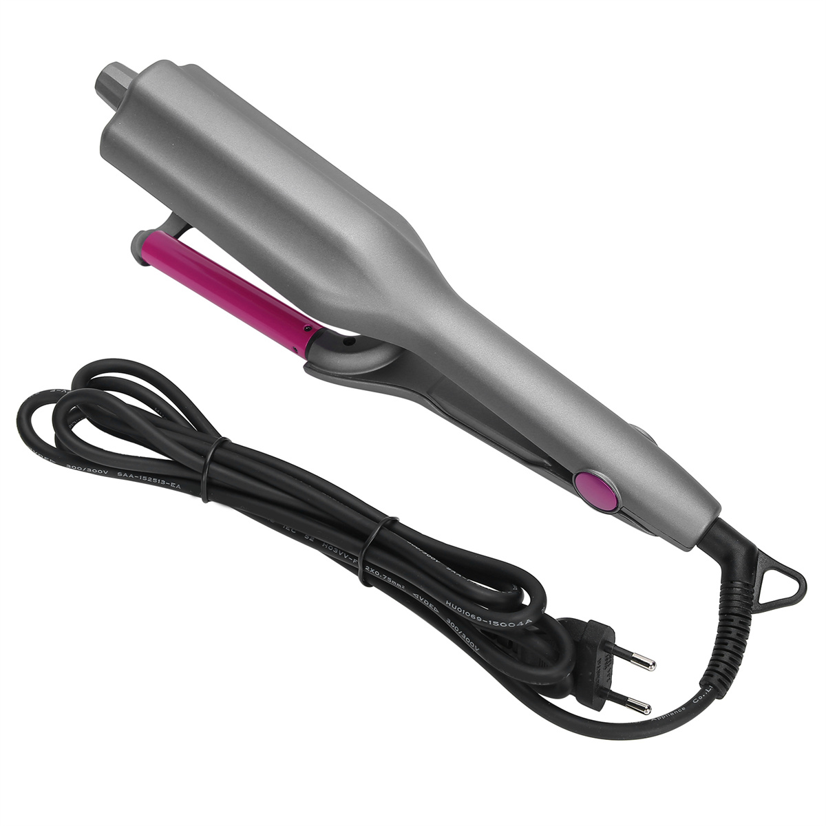 Grauer Lockenwickler mit pinkfarbenen Details, schwarzem Kabel und Stecker, isoliert auf Weiß.