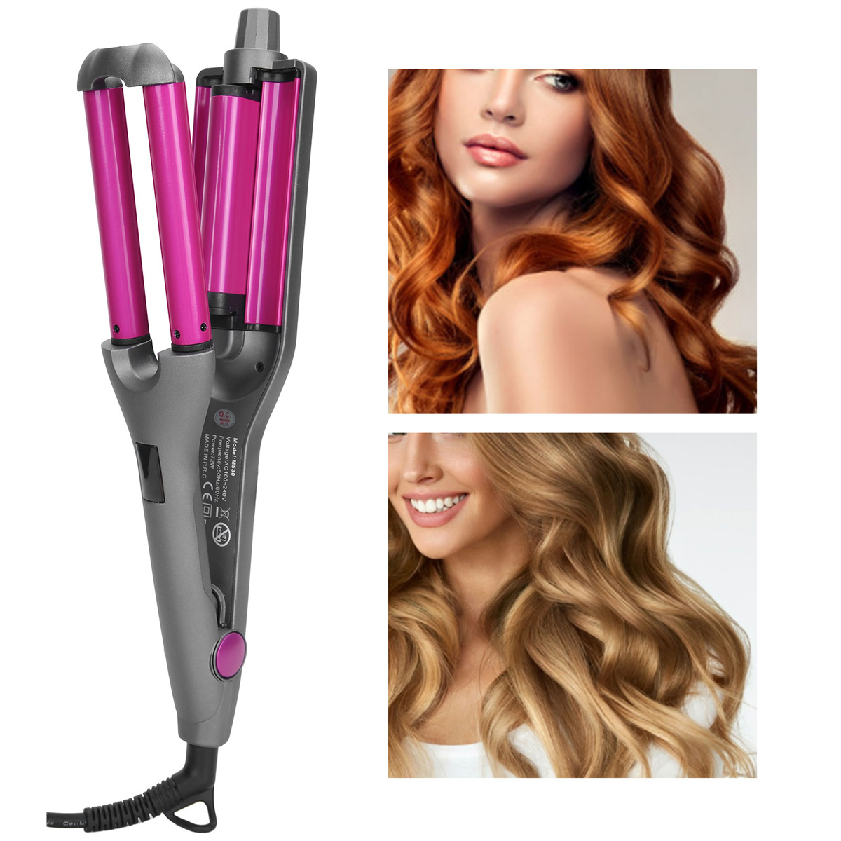 Ein Haarkreppeisen und zwei Bilder von Frauen mit gewellten Frisuren.