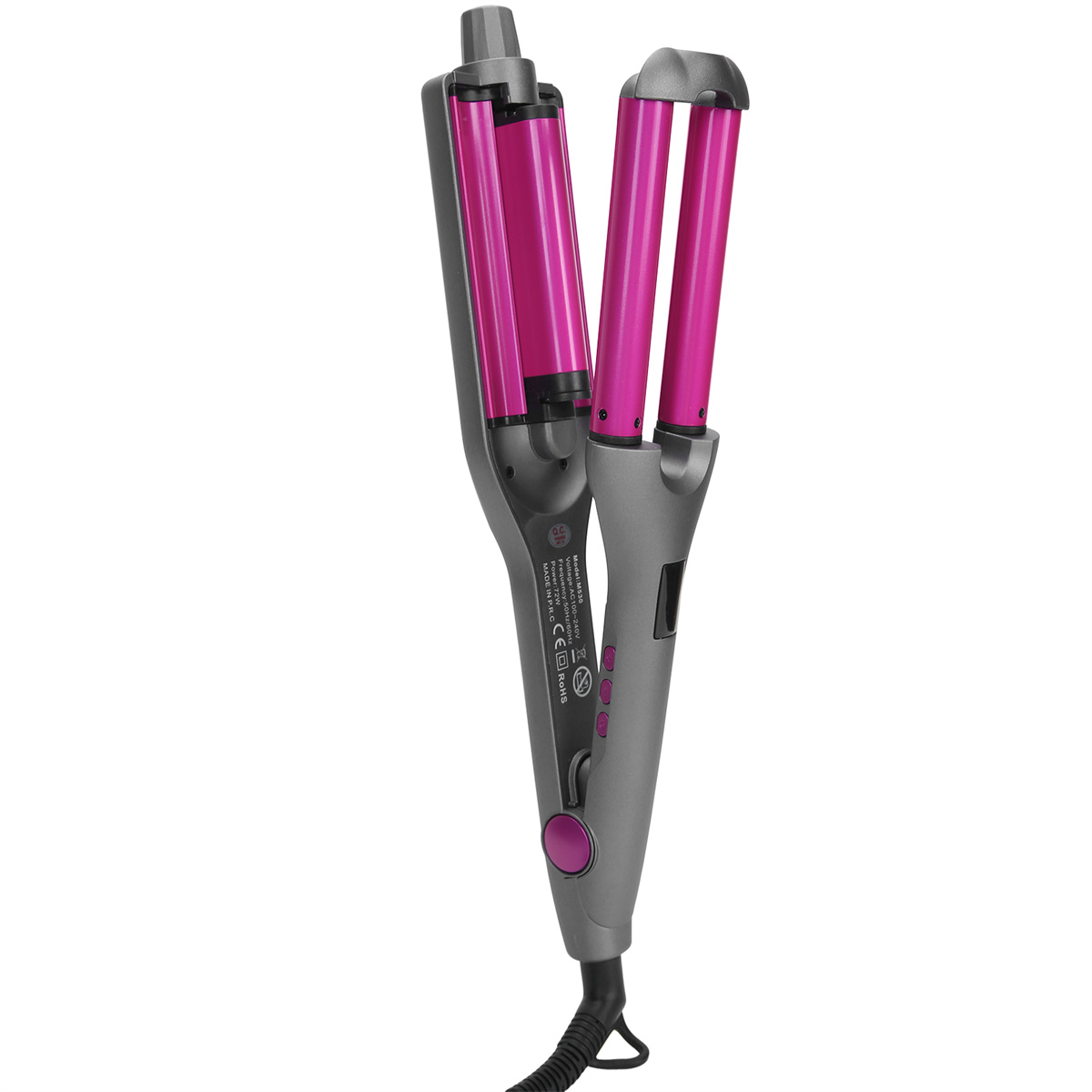 Haarwellengerät mit pinken Platten und einem grauen Griff. Ein schwarzes Netzkabel ist befestigt.