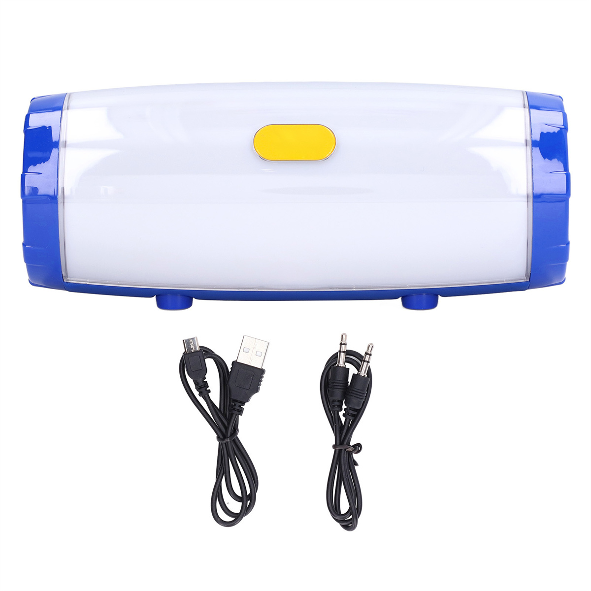 Ein weiß-blauer rechteckiger Lautsprecher. Daneben befinden sich ein USB- und ein Aux-Kabel.