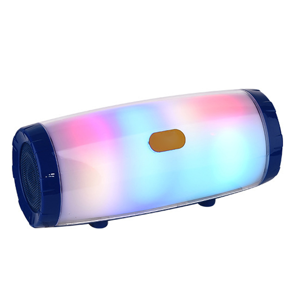 Zylindrischer Bluetooth-Lautsprecher mit Farbwechsel-Lichtern, dunkelblauen Enden, weißer Hintergrund.