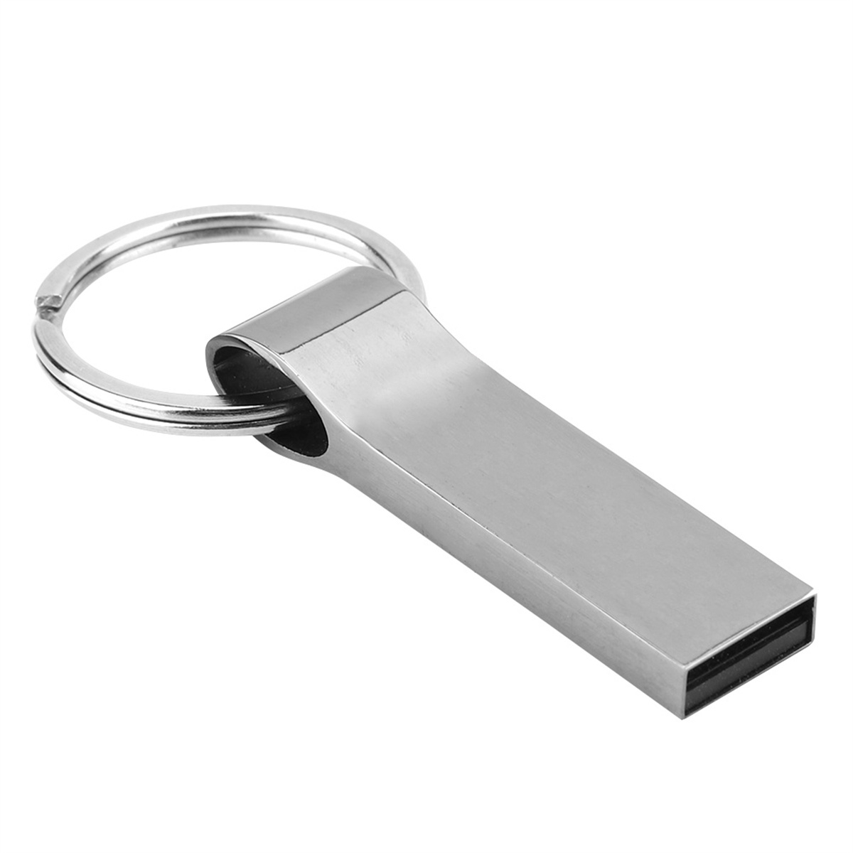 Ein silberner USB-Stick an einem Schlüsselring. Er ist rechteckig und glänzend.