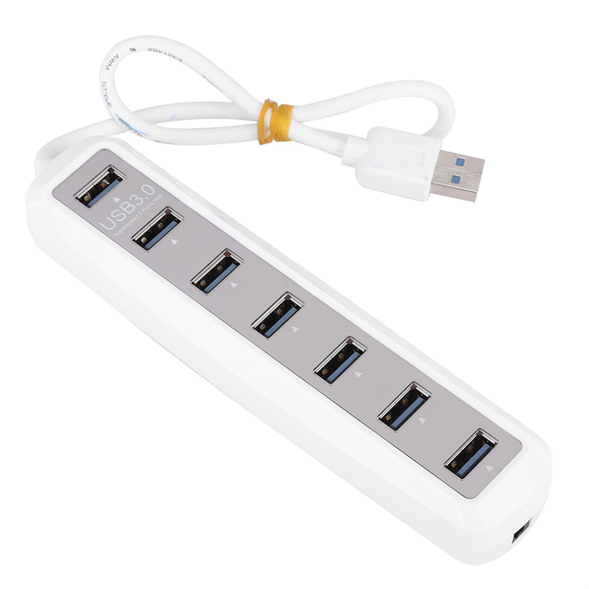 Weißer USB 3.0 Hub mit mehreren USB-Anschlüssen und einem weißen Kabel mit gelbem Band.