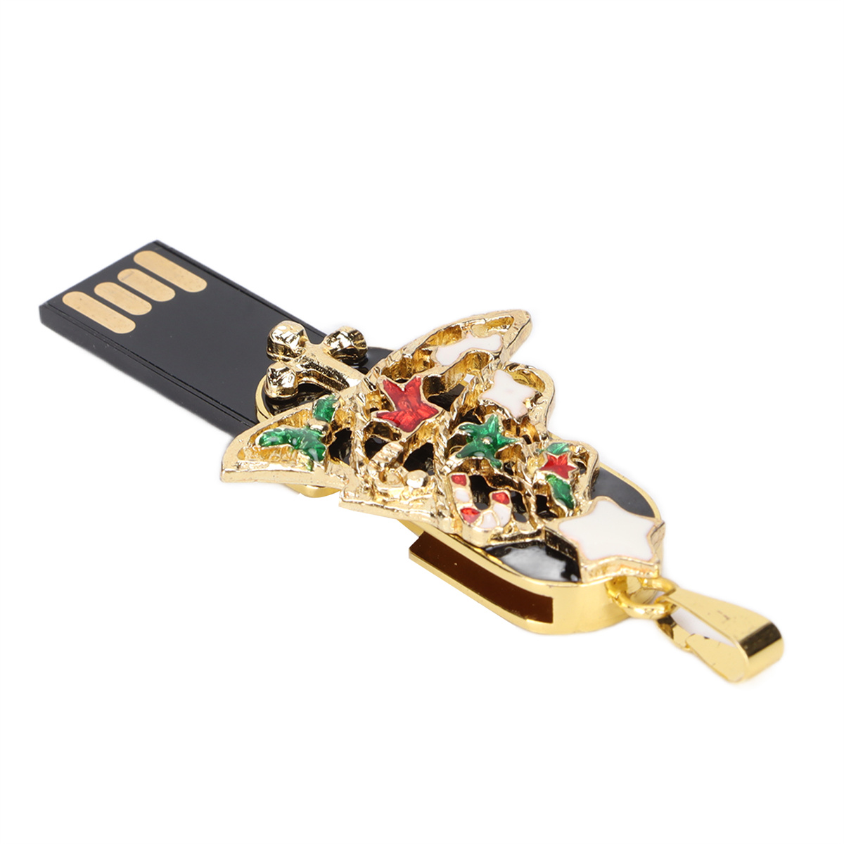 Ein gold-schwarzer USB-Stick mit dekorativer Spitze. Die Spitze hat ein weihnachtliches Design mit verschiedenen Farben.