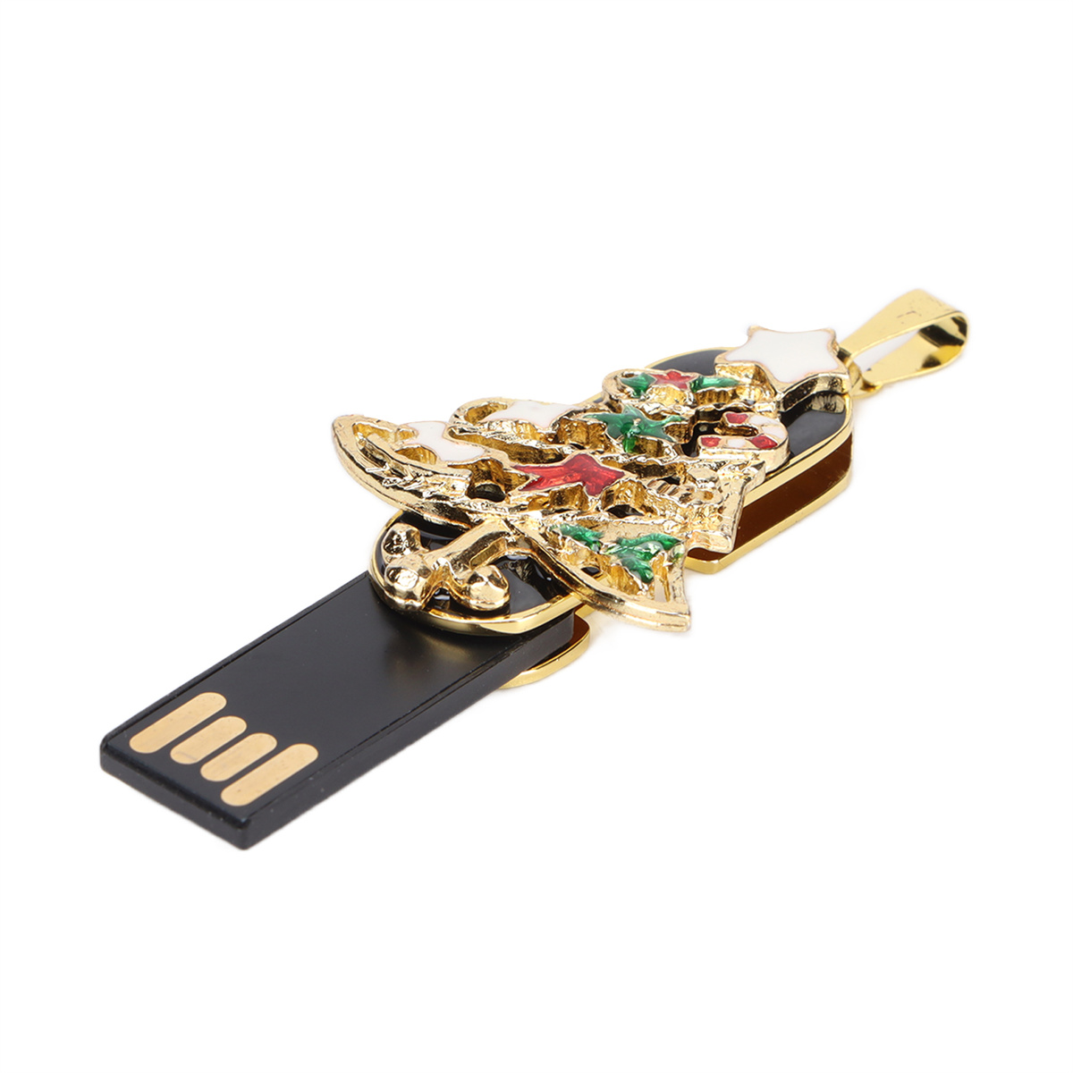 Ein goldfarbener Weihnachtsbaum-USB-Stick auf weißer Oberfläche.