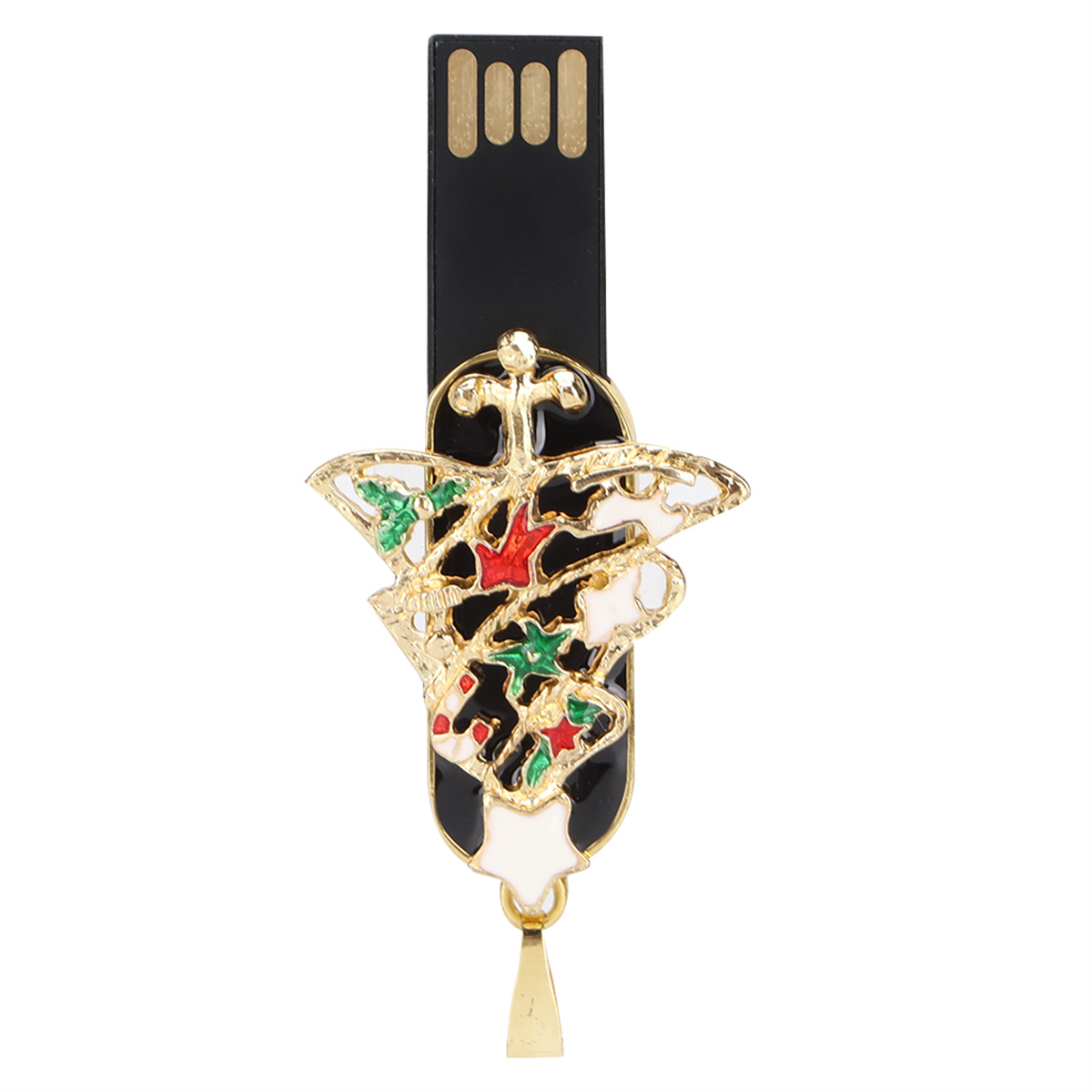 Schwarzer USB-Stick mit dekorativem Gold- und Farbdesign.