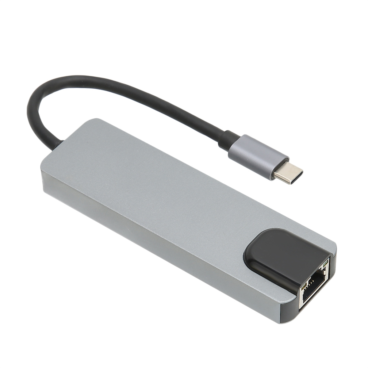 Grauer USB-C-Adapter mit Ethernet-Anschluss.