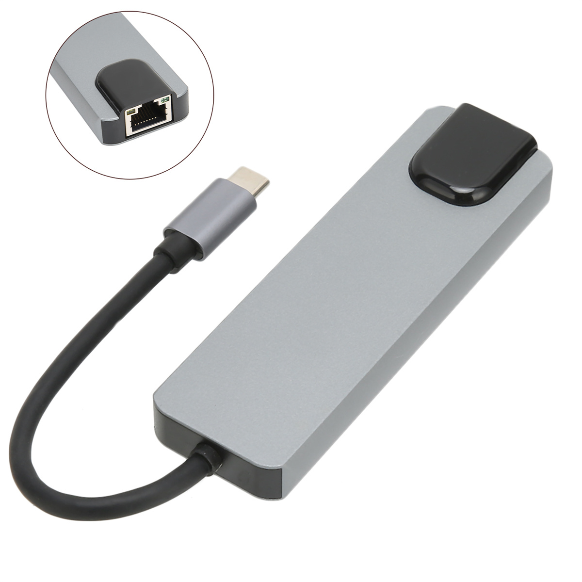 Ein grauer USB-C-Hub mit einem Ethernet-Anschluss und einem angeschlossenen schwarzen Kabel.