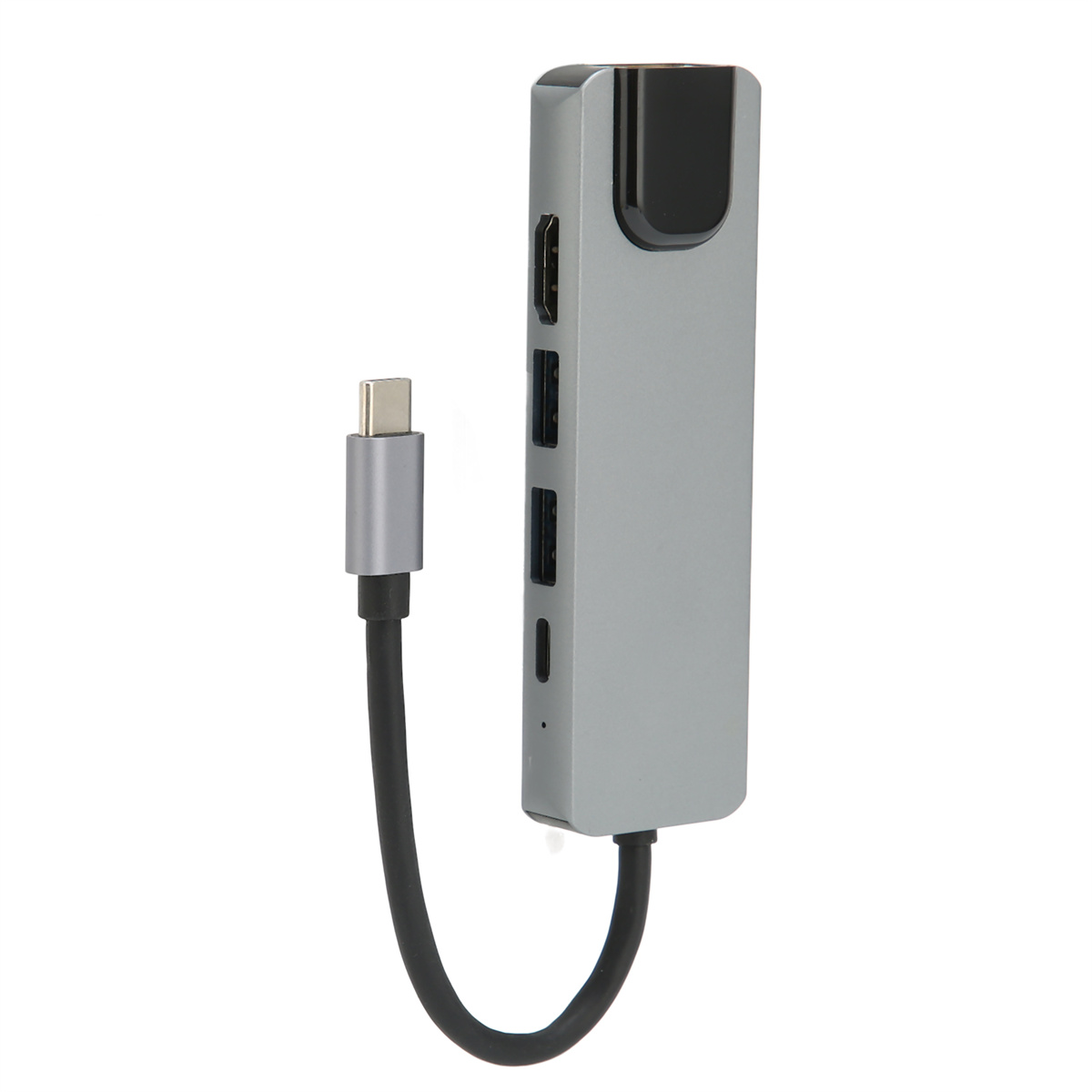 Silberner USB-C-Hub mit mehreren Anschlüssen und einem schwarzen Kabel. Weißer Hintergrund.