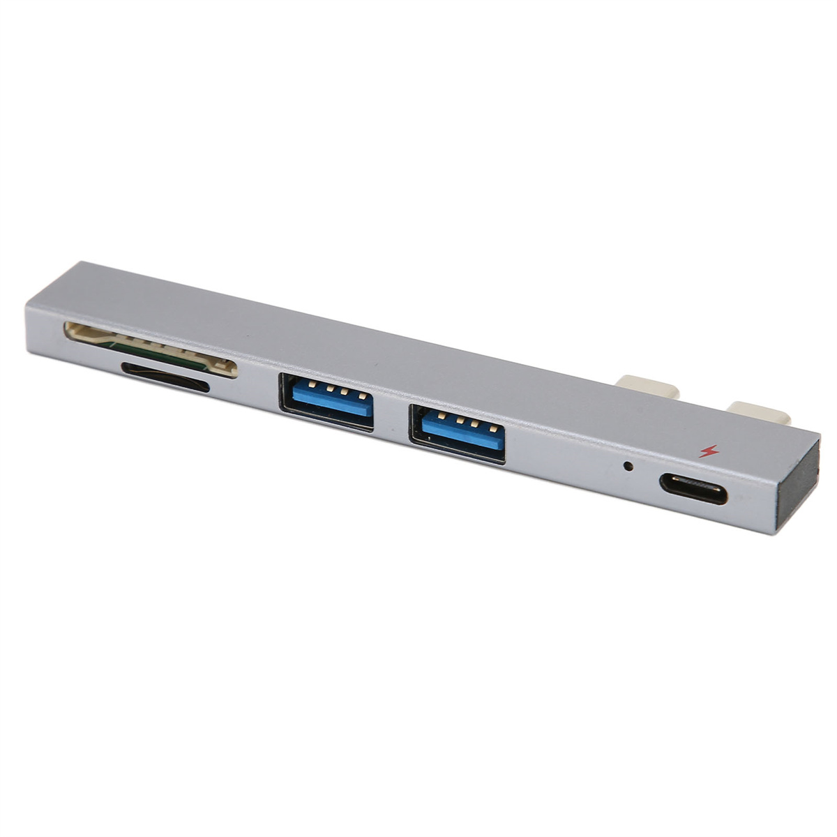 Ein silberner USB-Hub mit mehreren Anschlüssen, einschließlich USB, SD-Kartenleser und USB-C-Anschluss, weißer Hintergrund.