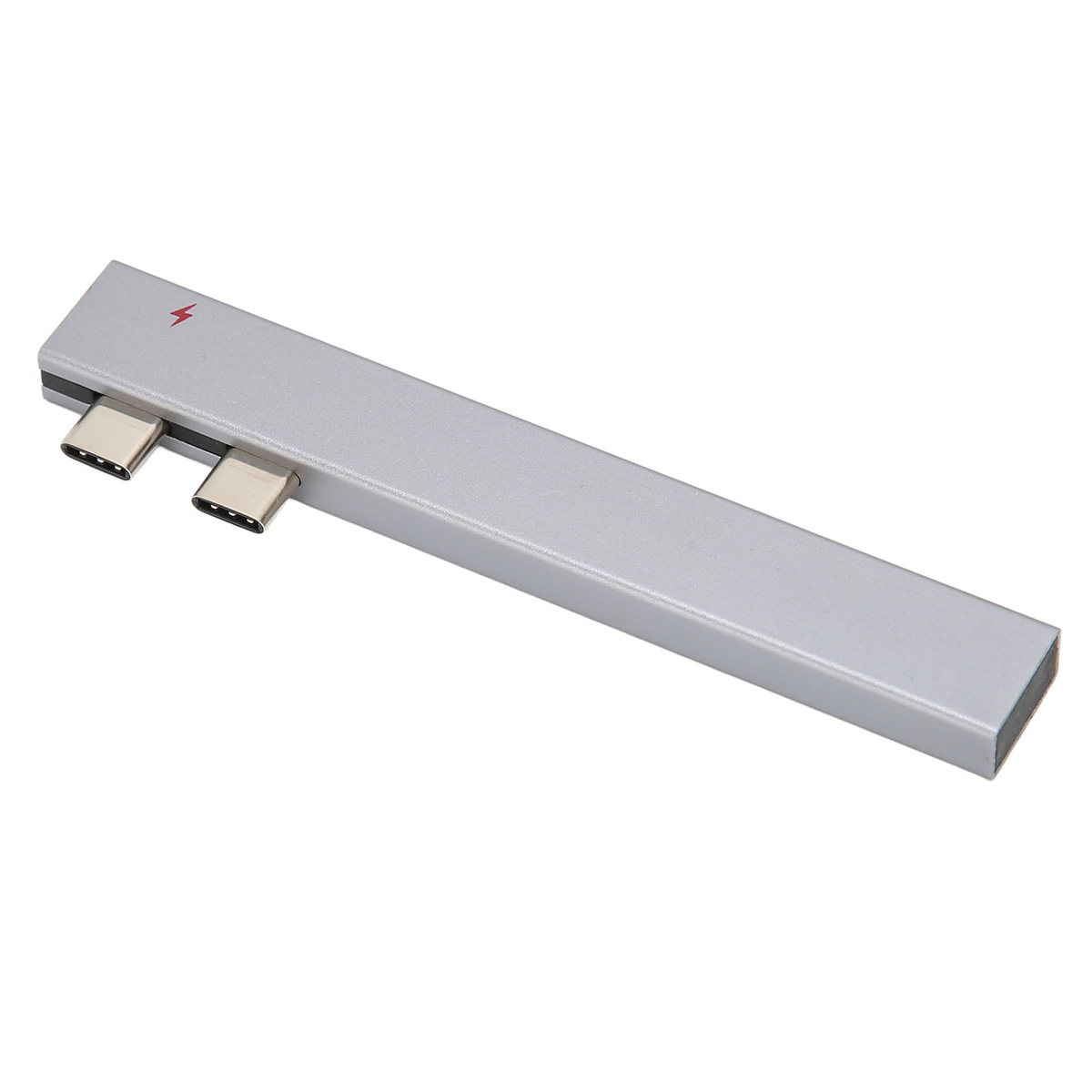 Ein silberner USB-C-Hub hat zwei USB-C-Anschlüsse und ein Blitzsymbol.