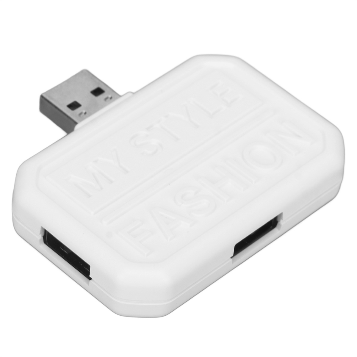 Weißer USB-Hub mit 'MY STYLE FASHION' oben und USB sowie zwei weiteren Anschlüssen.
