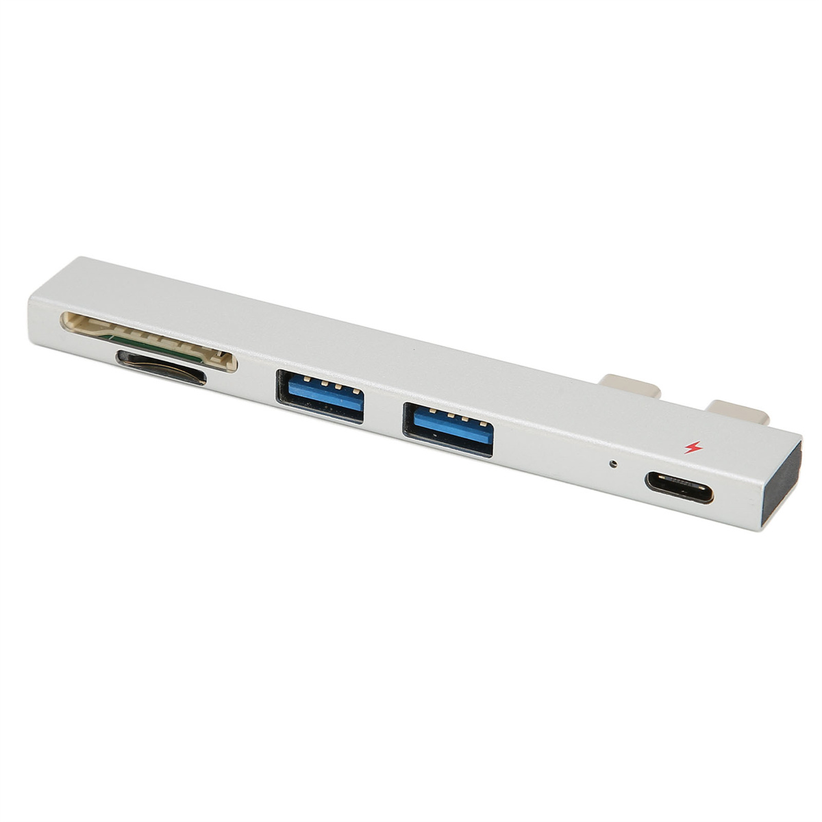 Ein silberner USB-Hub mit mehreren Anschlüssen, darunter SD-Karte, USB 3.0 und USB-C.