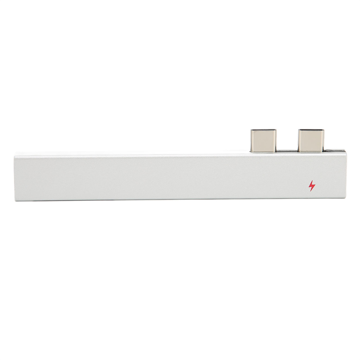 Ein silberner USB-Hub mit USB-C-Anschlüssen und einem Blitzsymbol.