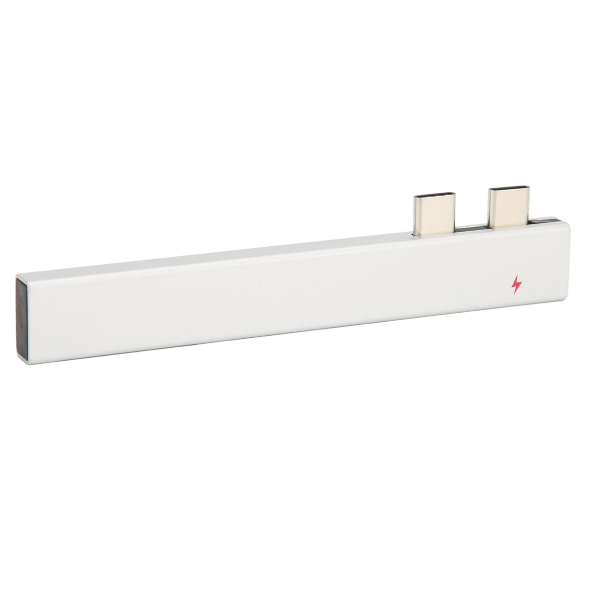 Weißer USB-C-Adapter mit zwei USB-C-Anschlüssen auf weißem Hintergrund.