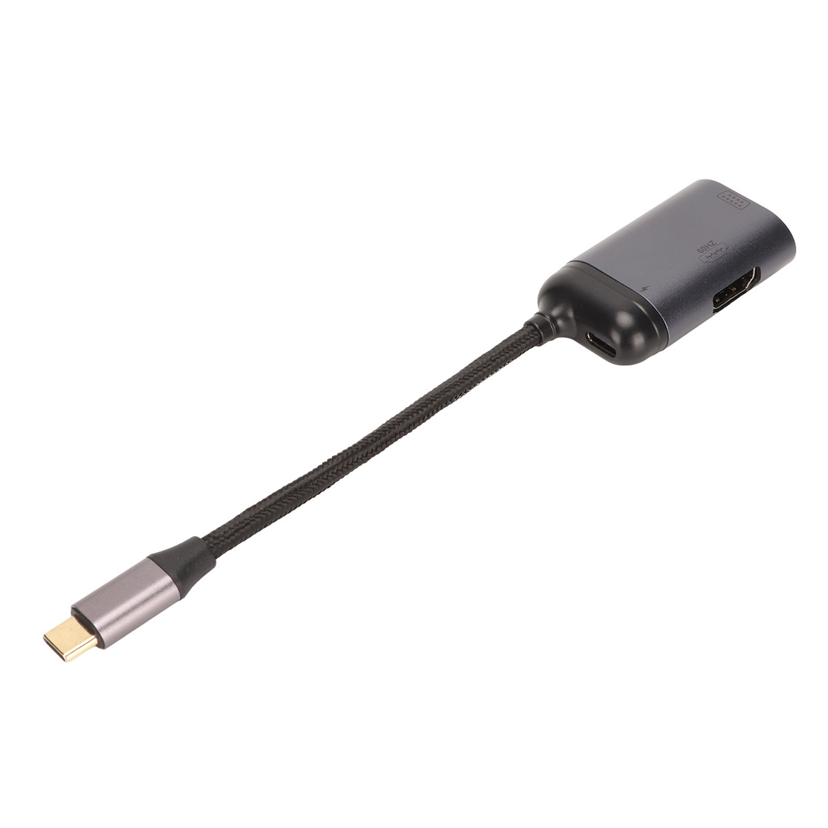 Ein grauer Adapter mit USB-C-Anschluss und HDMI-Anschluss auf weißem Hintergrund.