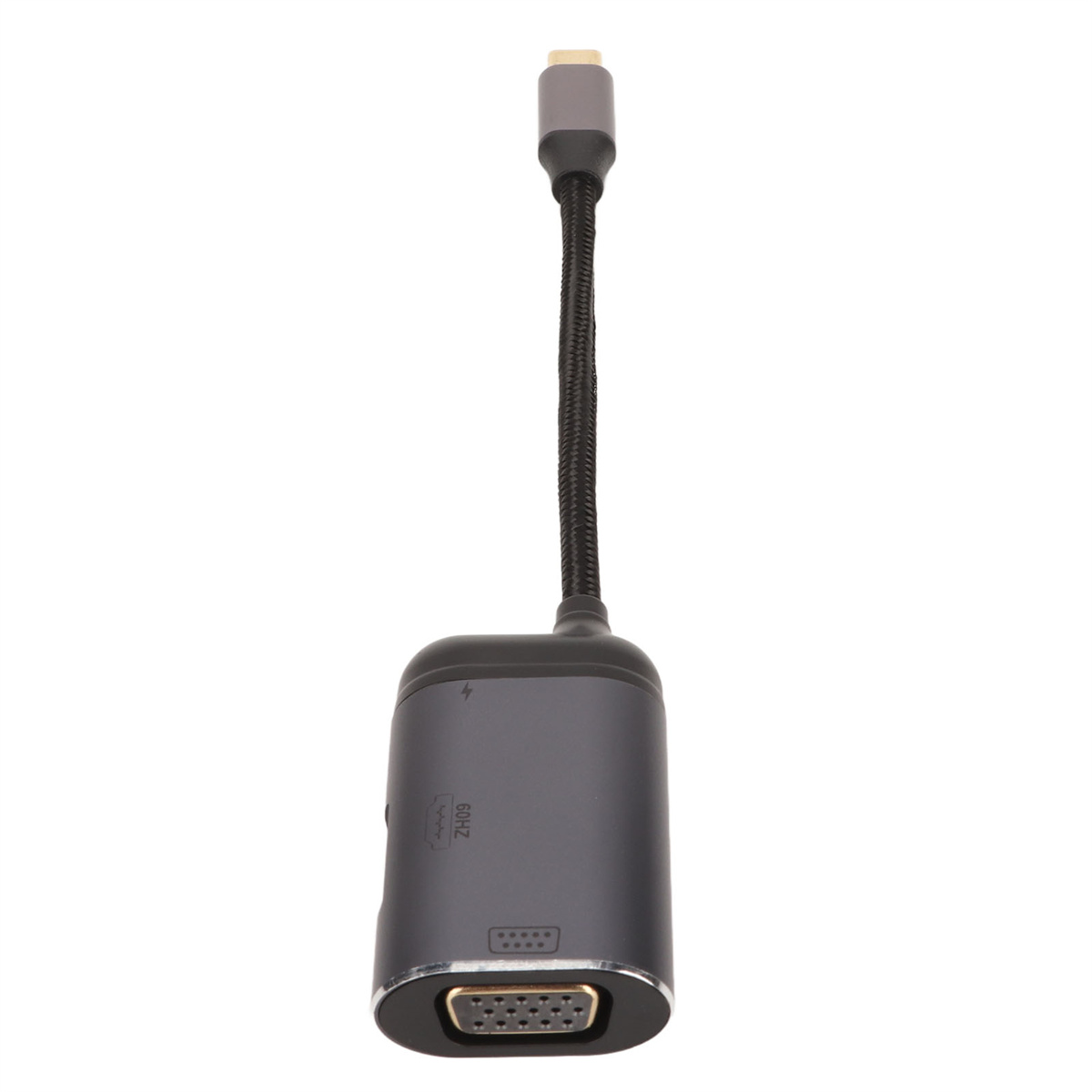 Ein grauer Adapter mit VGA-Anschluss und flexiblem Kabel, das mit einem USB-C-Anschluss verbunden ist.