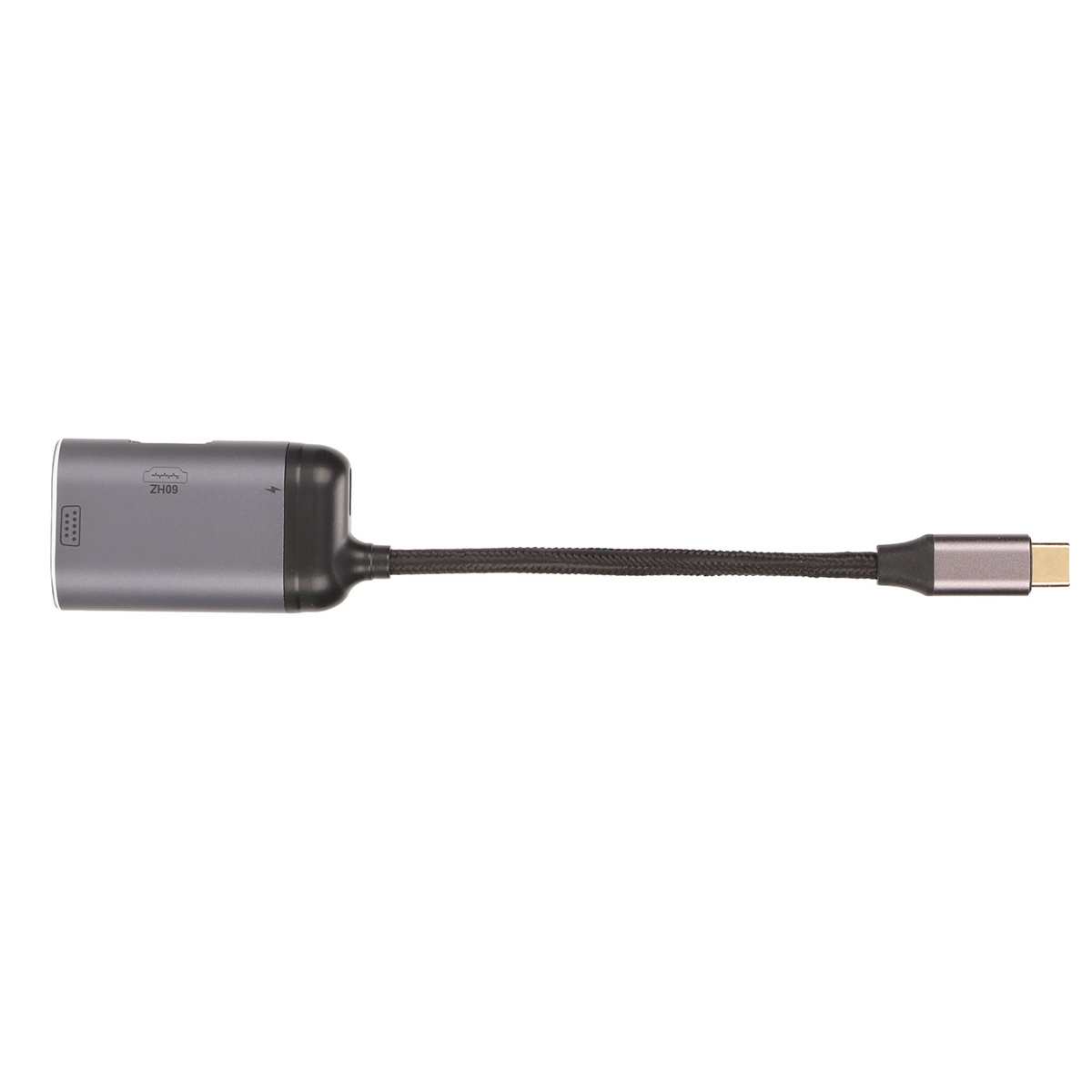 Grauer und schwarzer USB-C-Hub mit geflochtenem Kabel auf weißem Hintergrund.