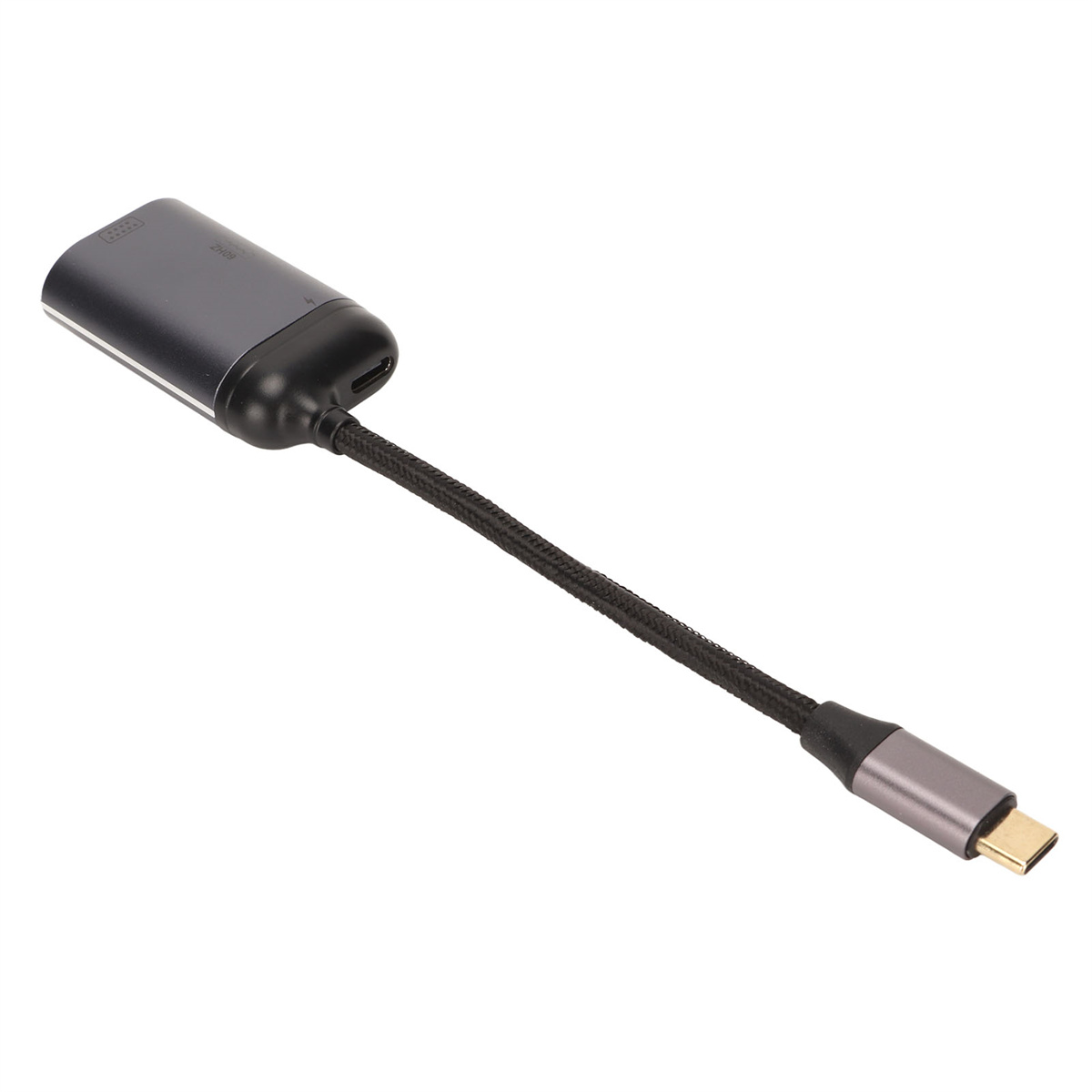 Grauer und schwarzer USB-C-Adapter mit geflochtenem schwarzem Kabel, goldfarbenem Stecker und USB-Anschluss.
