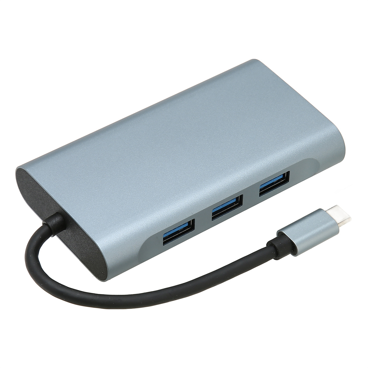 Ein silberner USB-Hub mit vier USB-Anschlüssen und einem USB-C-Anschluss, mit schwarzem Kabel.