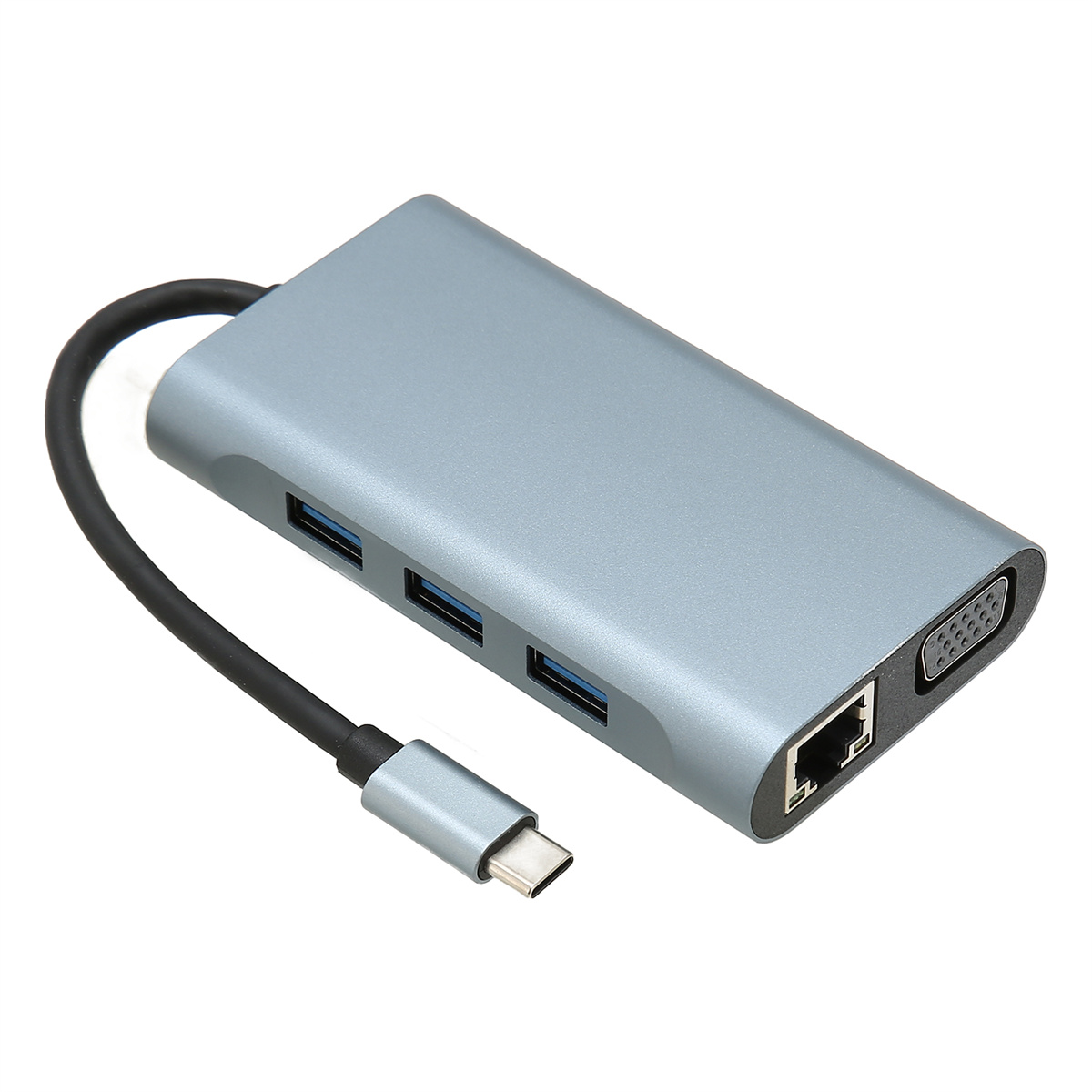 Ein grauer USB-Hub mit mehreren Anschlüssen. Enthält USB, USB-C, RJ45 und VGA-Anschlüsse. Hat ein schwarzes Kabel.