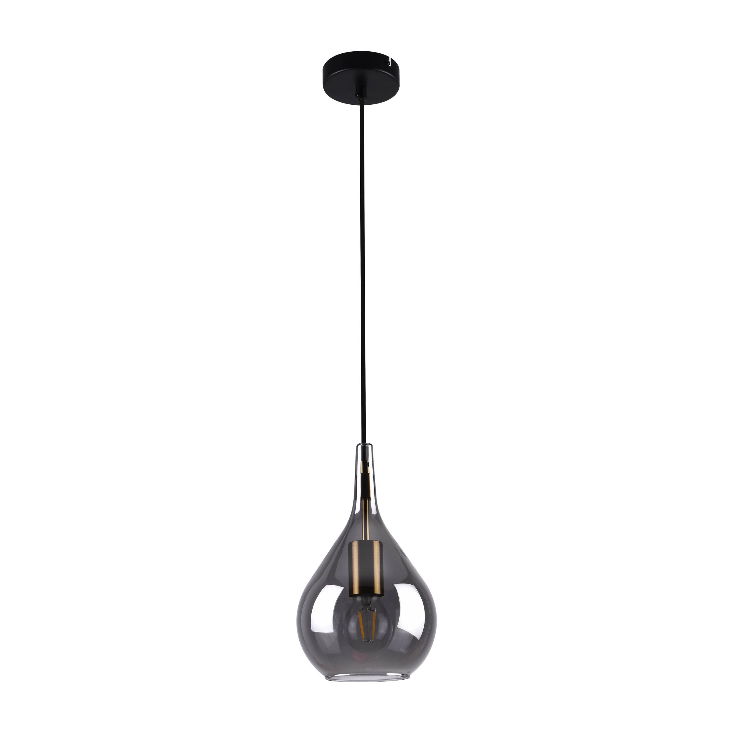 Eine tropfenförmige Glas-Pendelleuchte mit schwarzem Kabel und Deckenhalterung, auf Weiß.